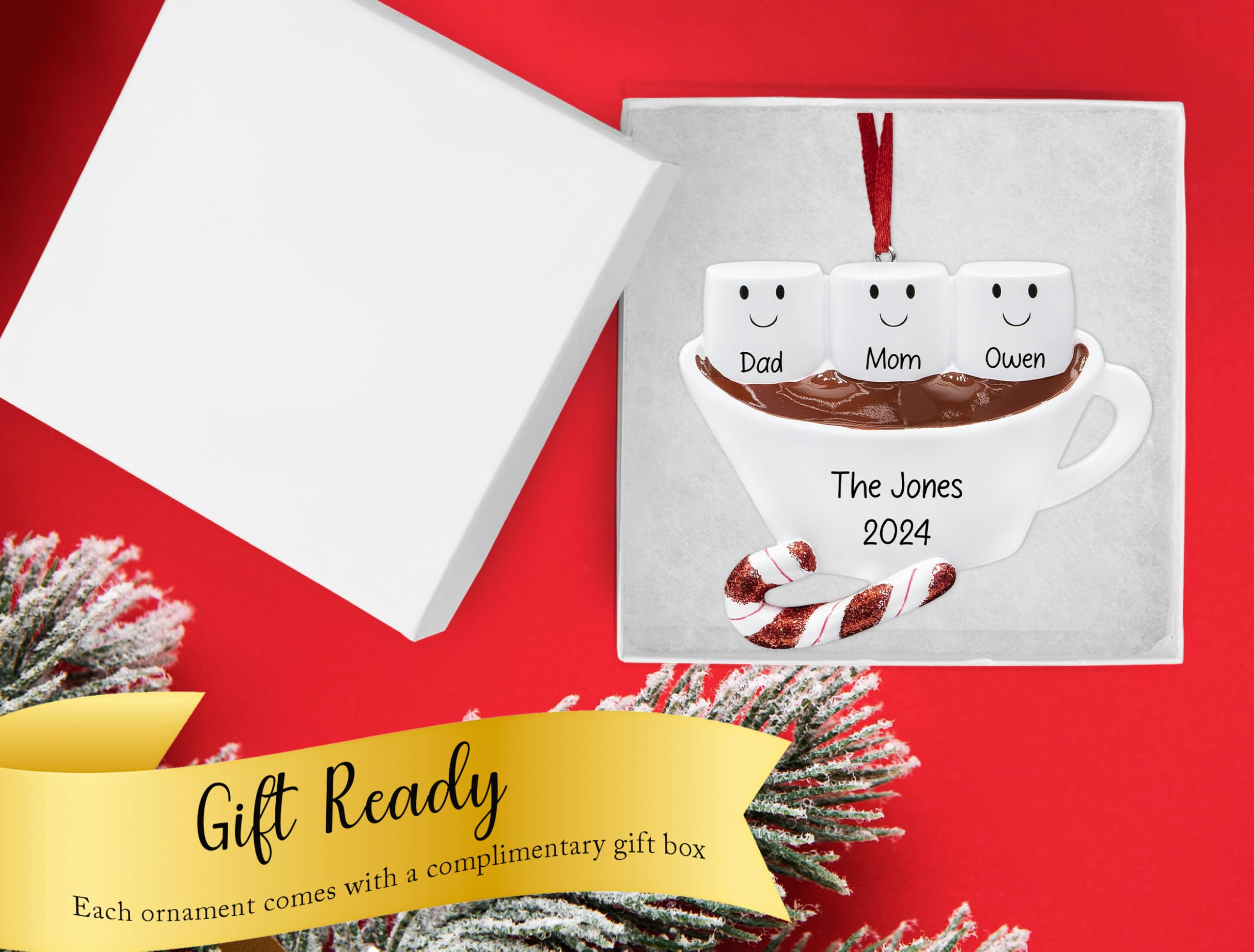 UniqXmas Personalized Hot Chocolate Family of 3 Christmas Ornament 2025 | Customized Marshmallows on Mug of Cocoa with Candy Cane | Unique Keepsake Gift for Xmas Tree - Custom Name & Year