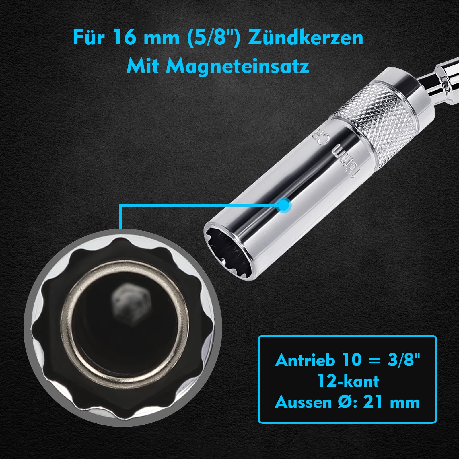 VASTOOLS Nakrętka do świecy zapłonowej z wkładką magnetyczną 16 mm, napęd 10 mm, średnica zewnętrzna: 21 mm, 12-kątna, przedłużka 28 cm, stal CR-V