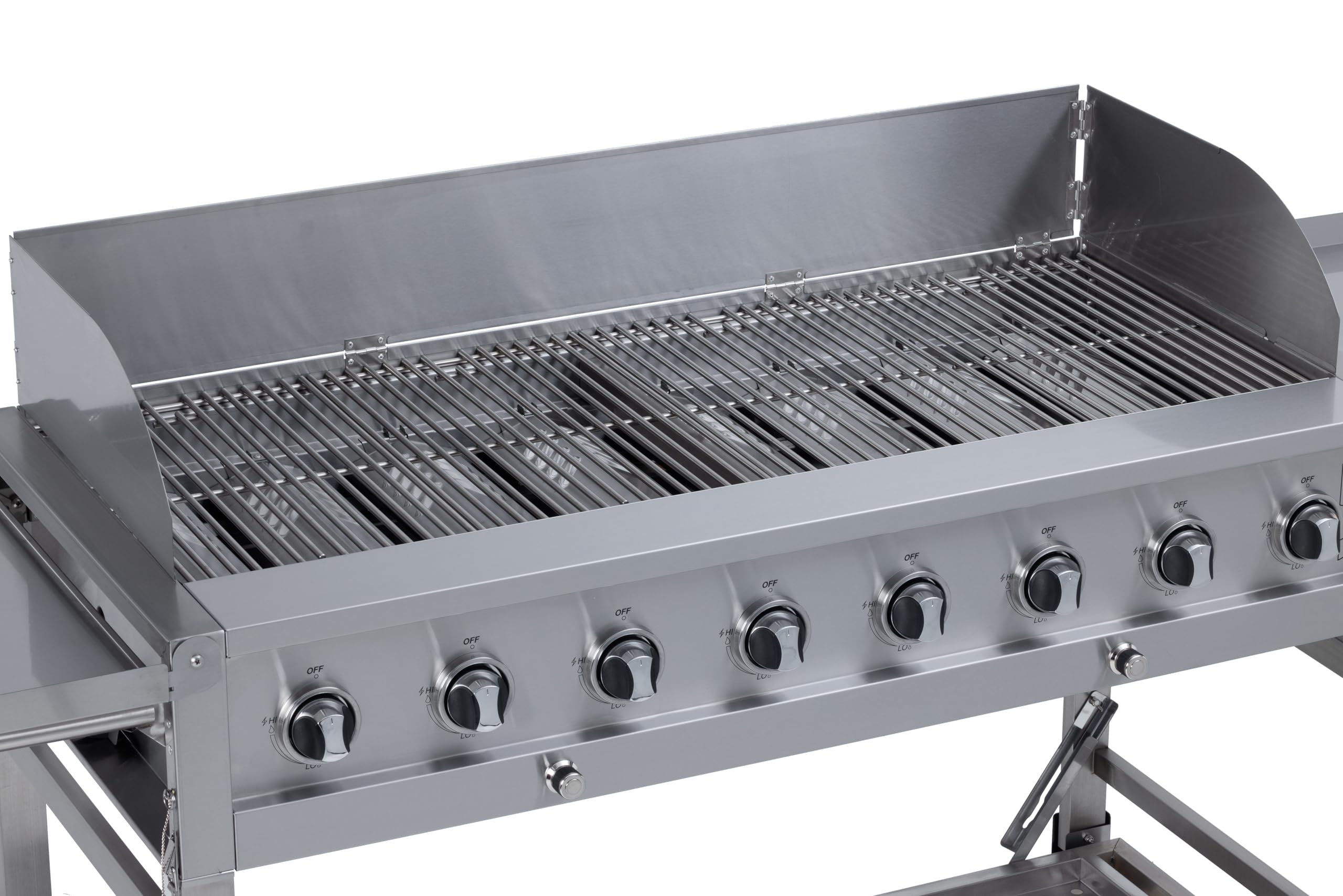 METRO Professional 8-Brenner Gasgrill, Grillfläche 49 x 120 cm, Ablagetisch, fahrbar, Schutzabdeckung, Edelstahl, silber