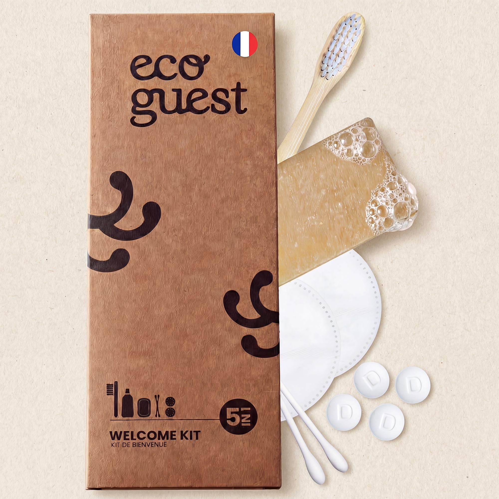 Airbnb Set mit 20 Stück – Badezimmer Hotel 5 in 1 – Zahnbürste Bambus, handgefertigte Seife, Zahnpasta – umweltfreundliche Produkte hergestellt in Frankreich EcoGuest