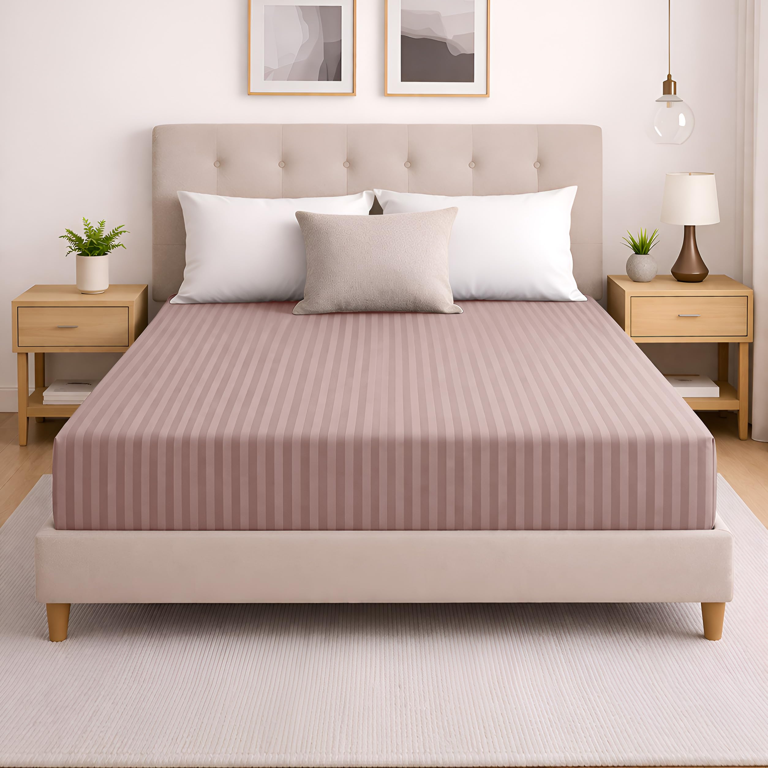 Moonlight20015 Pink Double Bed Sheets 40Cm Extra Deep Pocket Bed Sheets With Satin Stripes Elastic Corners Soft Brushed Microfiber Breathable & Fade-Resistant & Shrinkage Bedsheets