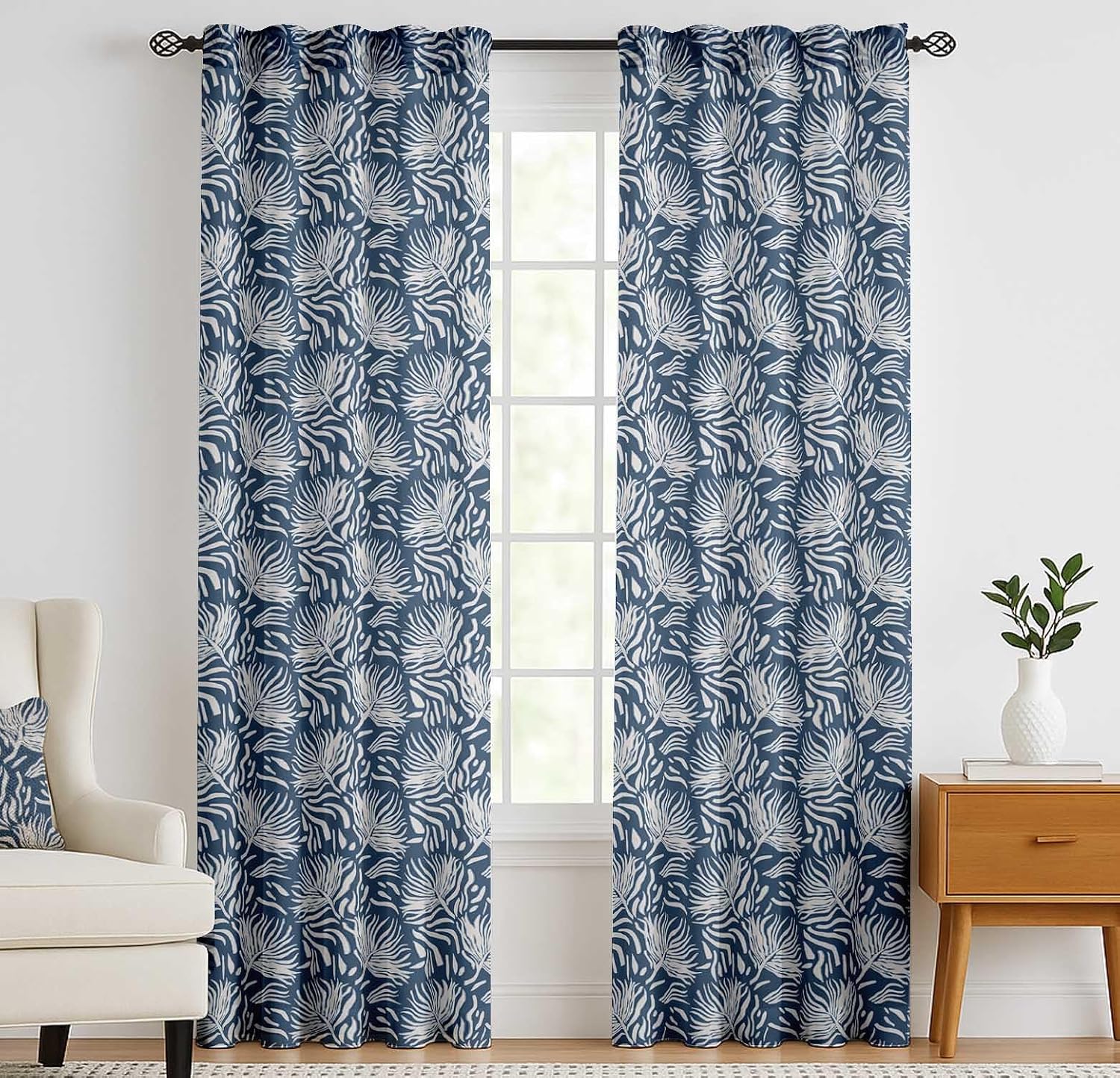 Cotton Curtains for Windows - 3-in-1 Rod Pocket/Back Tab Short Window Drapes - Light Filtering Cotton Canvas Panels - Set of 2, 52"x63" - Leaves Print (Blue)
