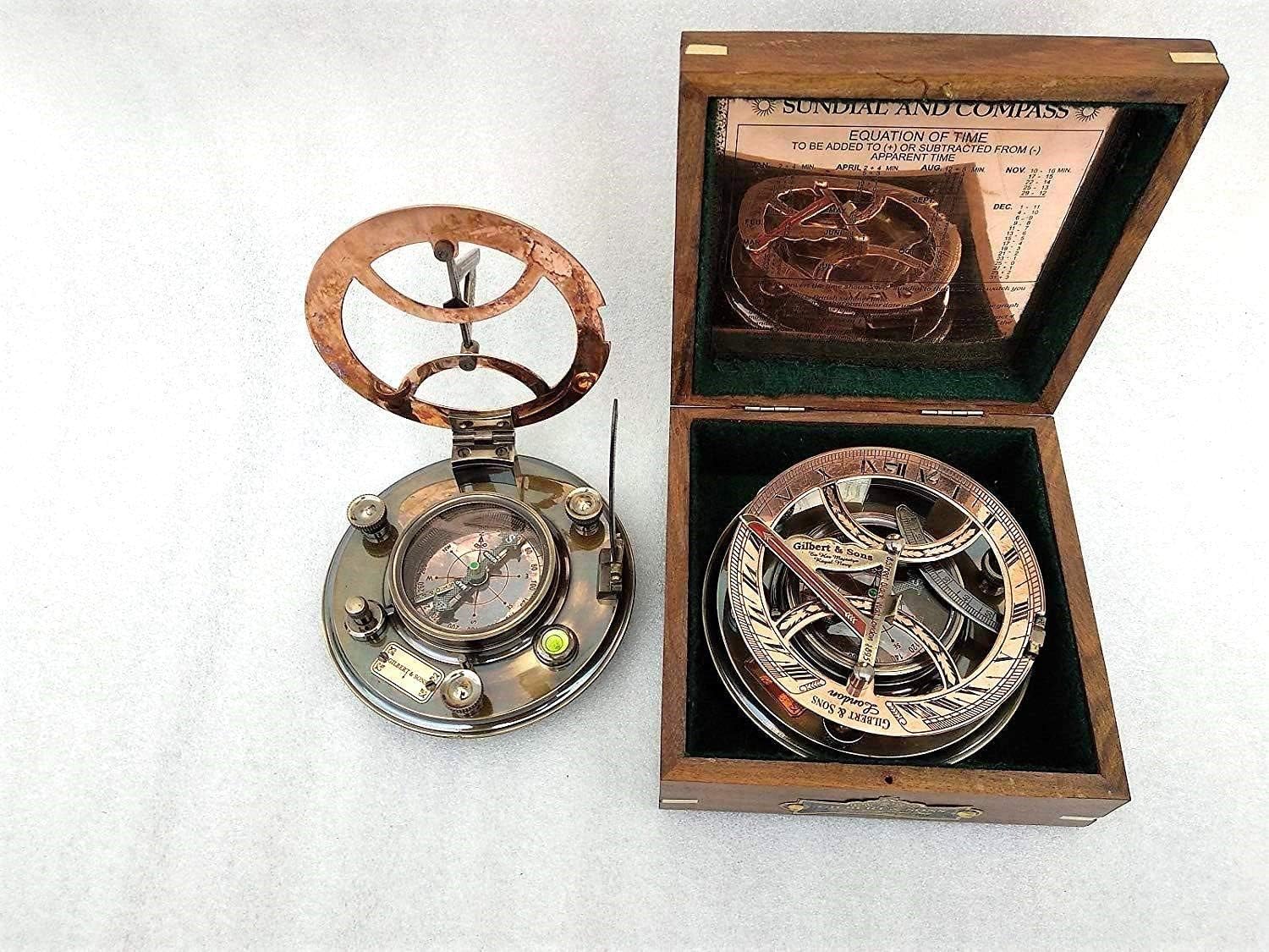 Antique Maritime Sundial Compass | Engraved Pocket Compass with Wooden Case