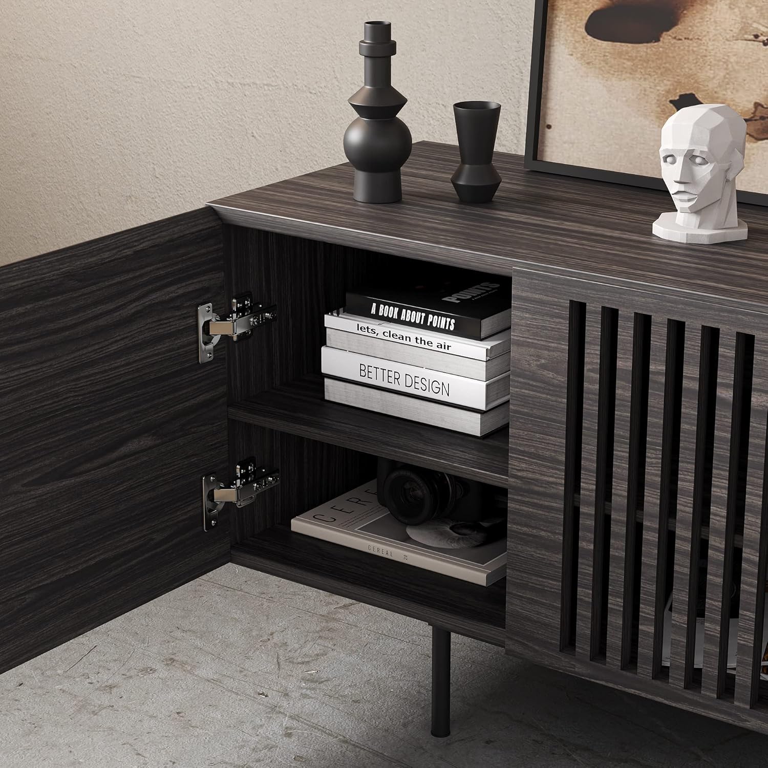 Modern Designs by Crafts and Comfort Napoli TV Stand for 55 to 65 Inch Television - Mid Century Entertainment and Console Center with Storage, Great for Living Room - Slate Gray