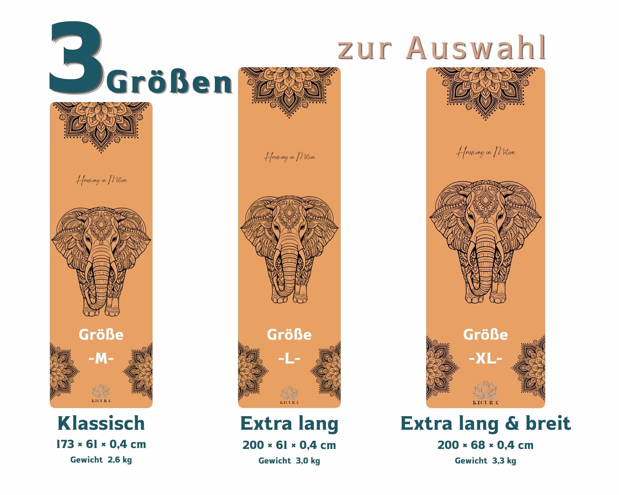 Yoga-Matte aus Kork & Naturkautschuk mit Elefanten-Mandala – rutschfeste Premium-Matte, 4 mm dick, mit Tragegurt, in 3 Größen