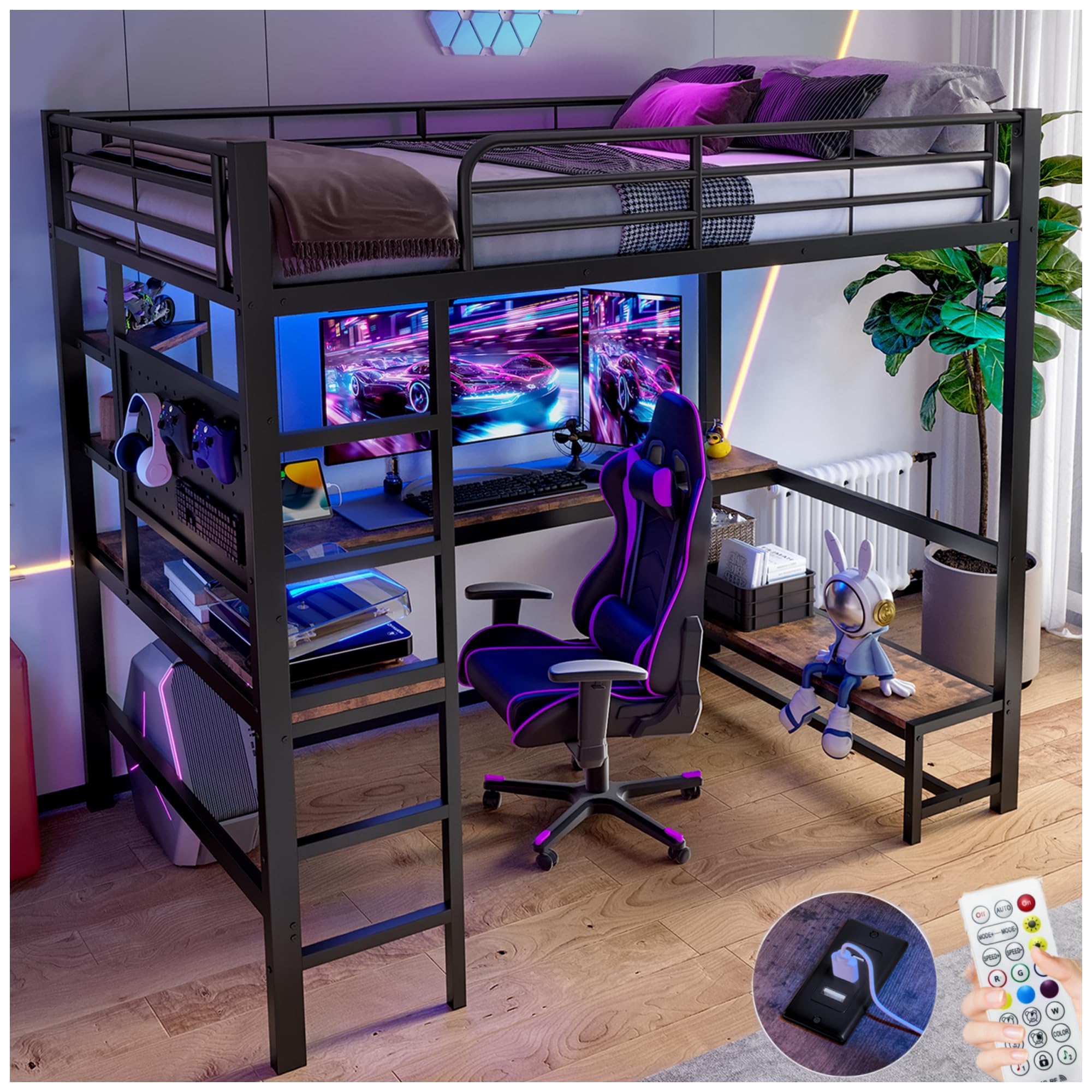 Lubvtti Cama alta 90x200, con escritorio, toma USB+TYPE-C, tira LED, estantes, panel perforado, cama apilable para niños, estructura de cama infantil de hierro (B-Negro)
