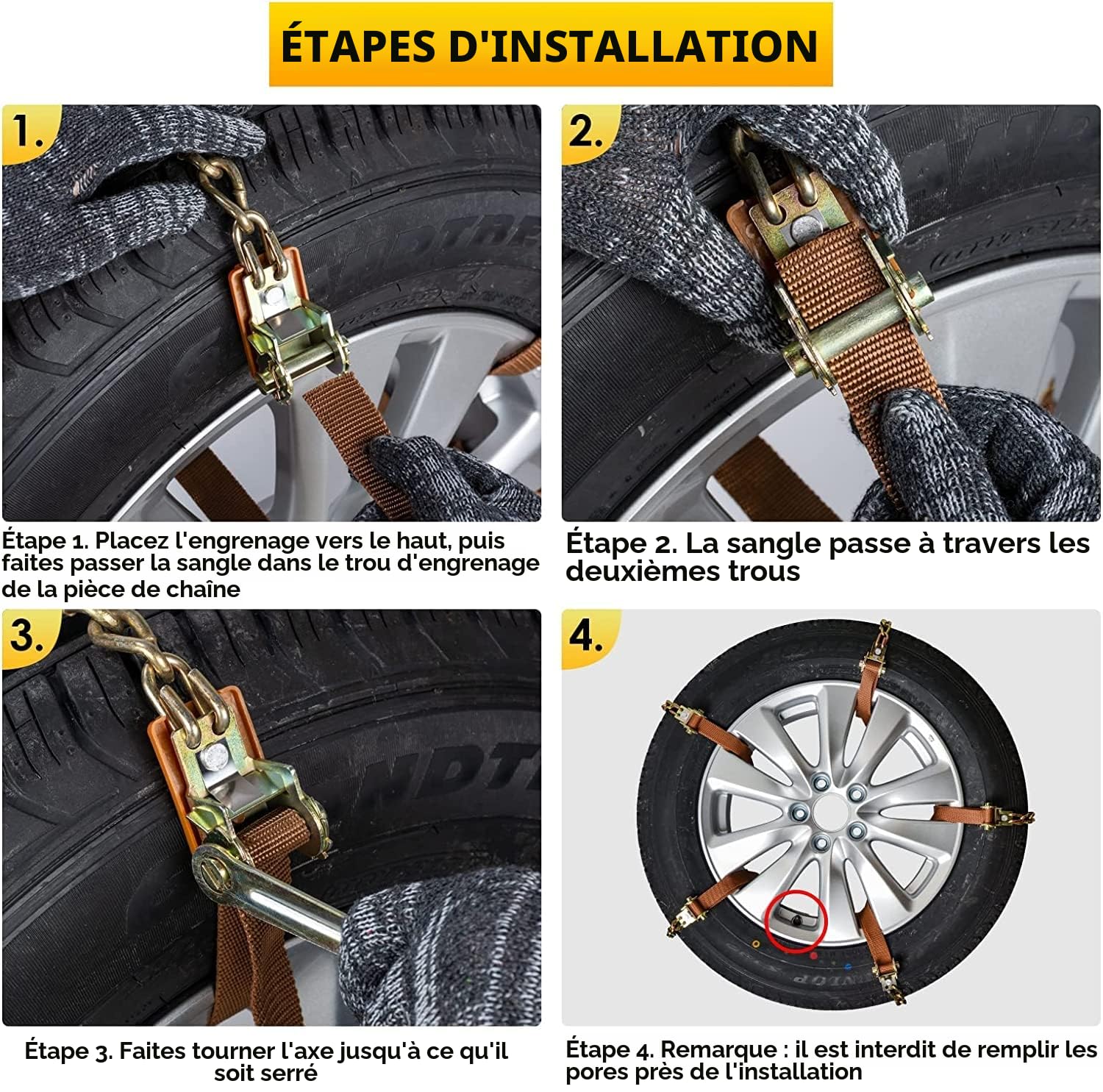 Chaînes à neige 8pcs Chaînes réglables antidérapantes avec pelle à neige en plastique et gants Facile à installer Chaîne à neige de pneu durable pour voiture, camion, SUV Roadway Snow Roads