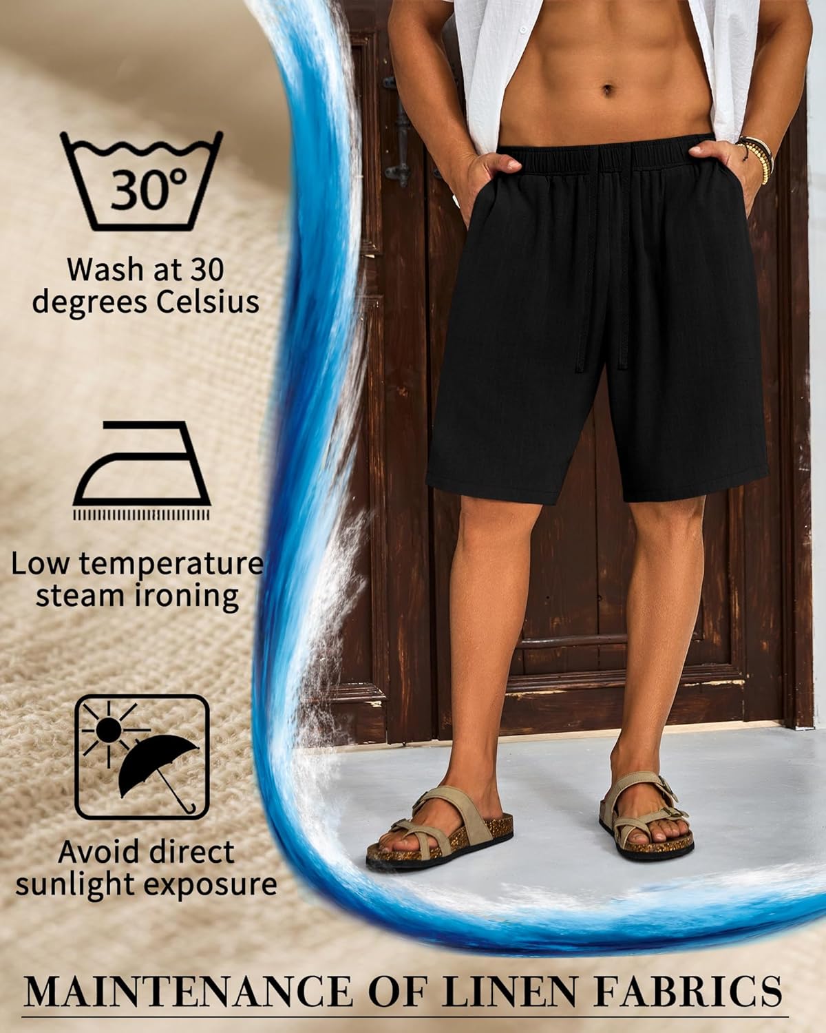 2 Pack Men's Big and Tall Linen Shorts Drawstring Summer Casual Loose Fit Plus Size Bermuda Shorts with Pocket - Image 3