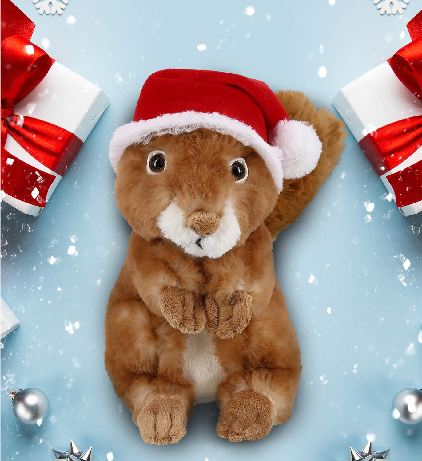 DolliBu Santa Squirrel Stuffed Animal Plush Toy - Super Soft Wild Animal Dress Up with Red Santa Claus Outfit, Cute Wildlife Gift, Perfect Holiday with Name Personalization - 8.5 Inches