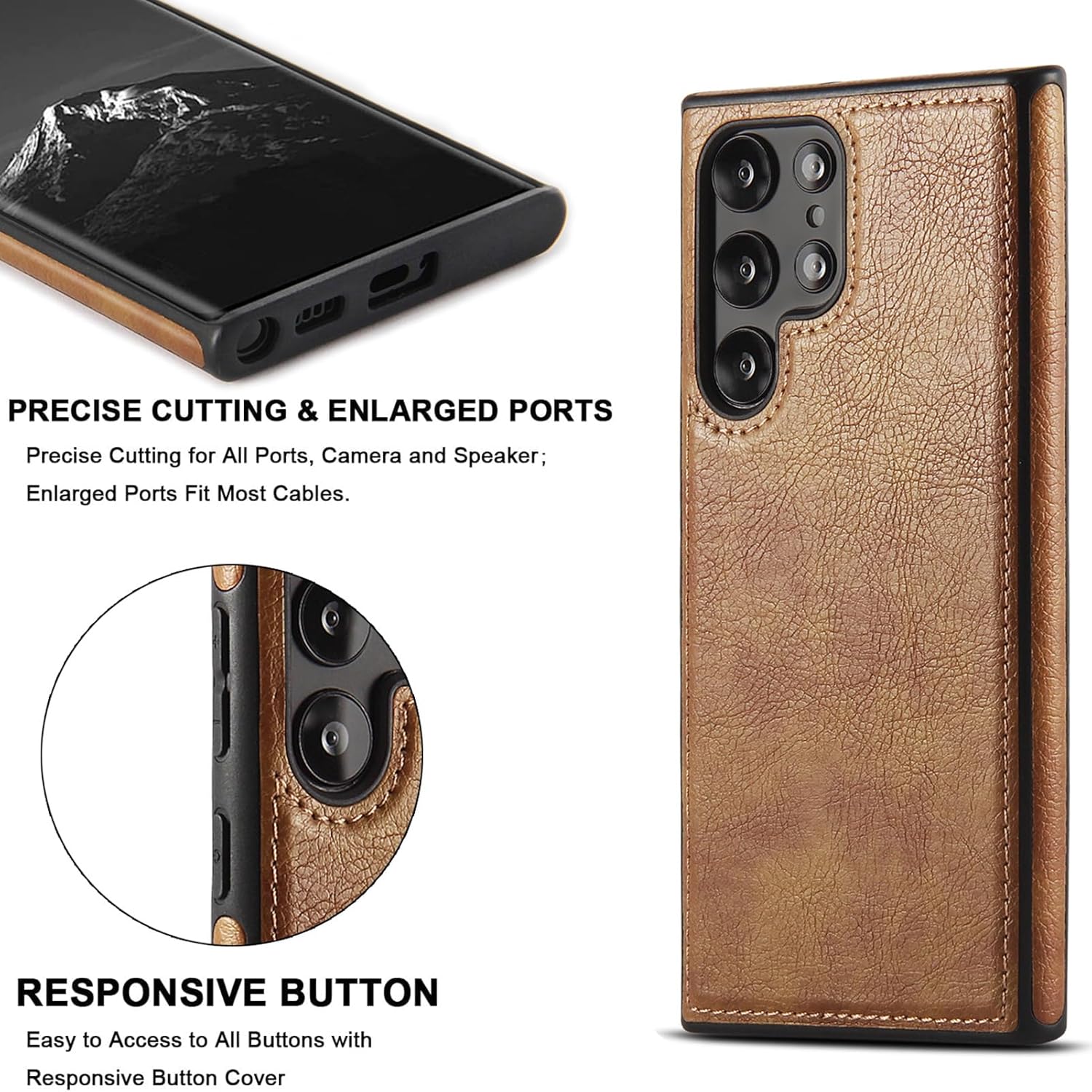 LXURY Leather Case for Samsung Galaxy S24 Ultra/S24 Plus/S24, Slim Business Cover with Lens Protection and Support Wireless Charging Leather Case,Brown,S24