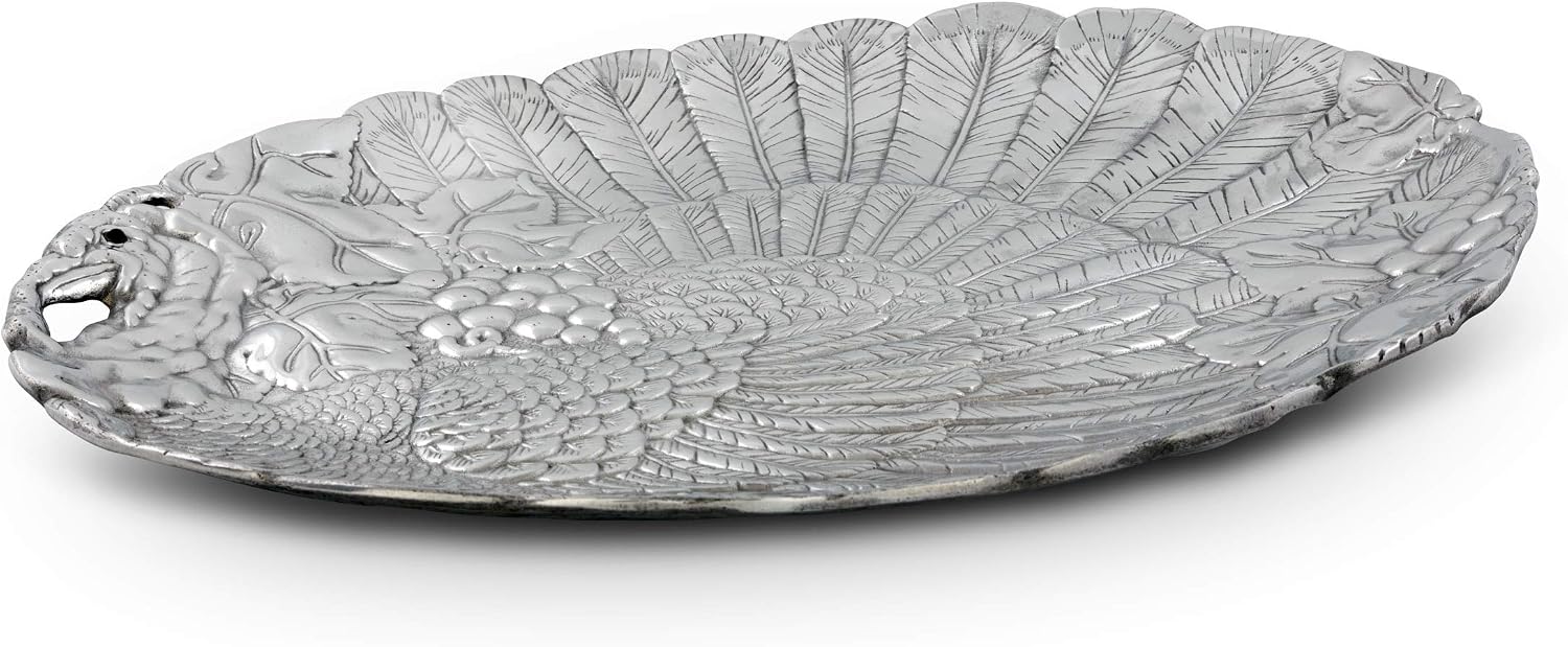 Arthur Court Designs Aluminum Harvest Turkey Oval Platter Food Serving Tray Thanksgiving Holiday Theme Metal Artisan Quality Hand Polished Tarnish-Free 21.5 inch x 16 inch