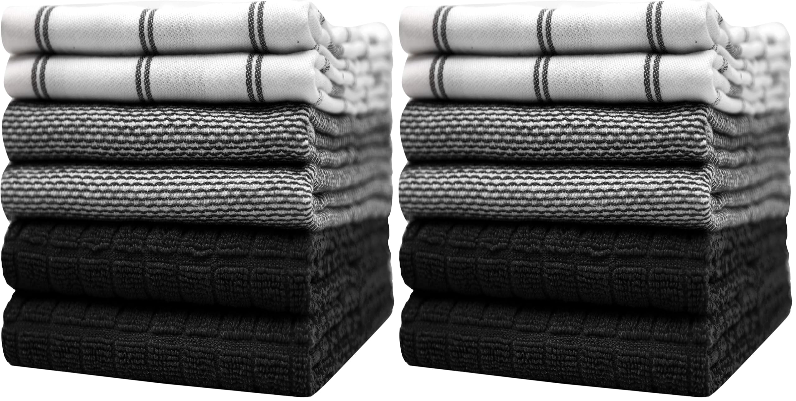 Premium Kitchen Towels (20”x 28”, 12 Pack) | Large Cotton Dish Towels | Flat &amp; Terry Highly Absorbent Kitchen Linen Set with Hanging Loop | Black Check