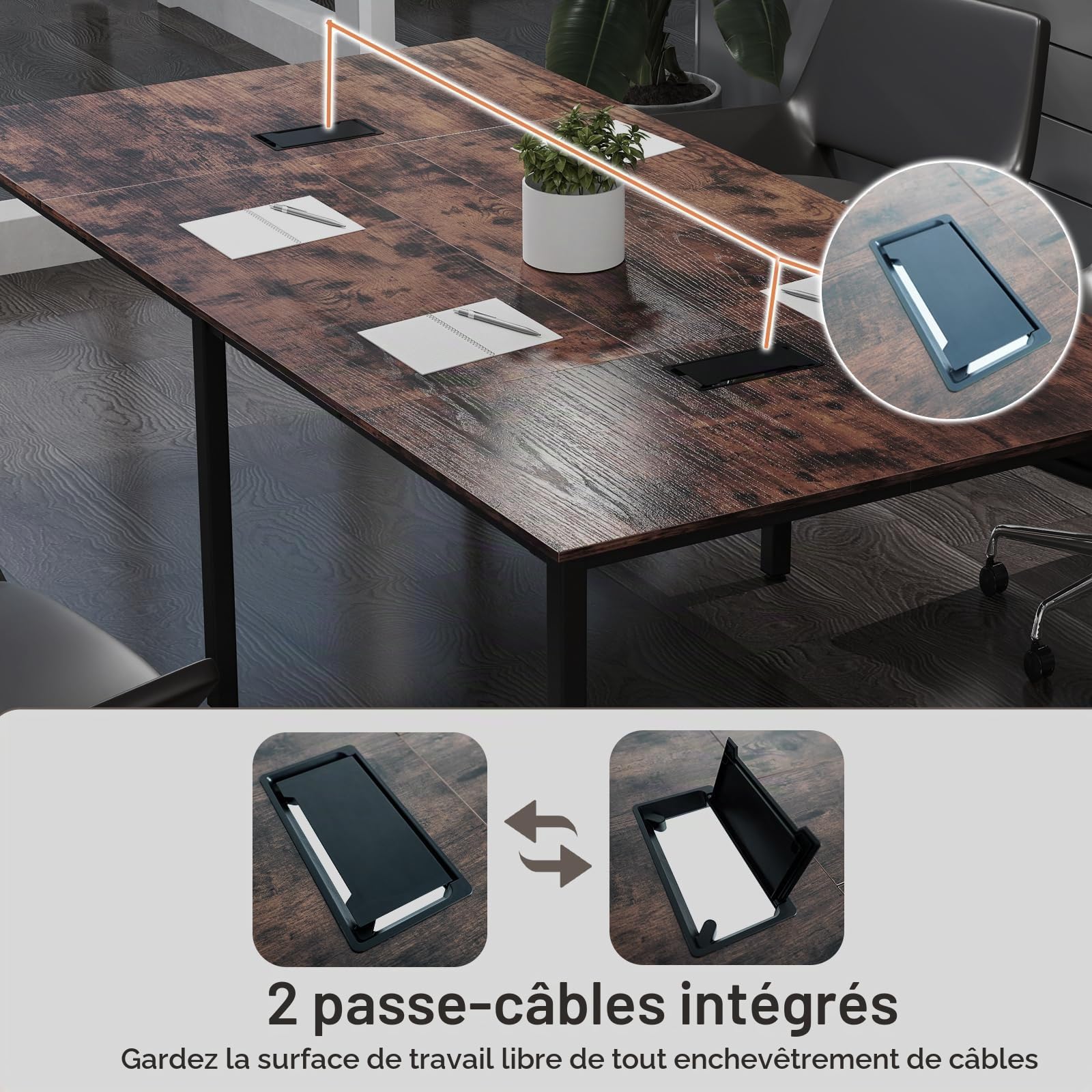 LIFEZEAL Table de réunion grande, 240 x 120 cm, pour 8-10 personnes, porte ordinateur, 2 passerelles, bureau industriel en bois et métal