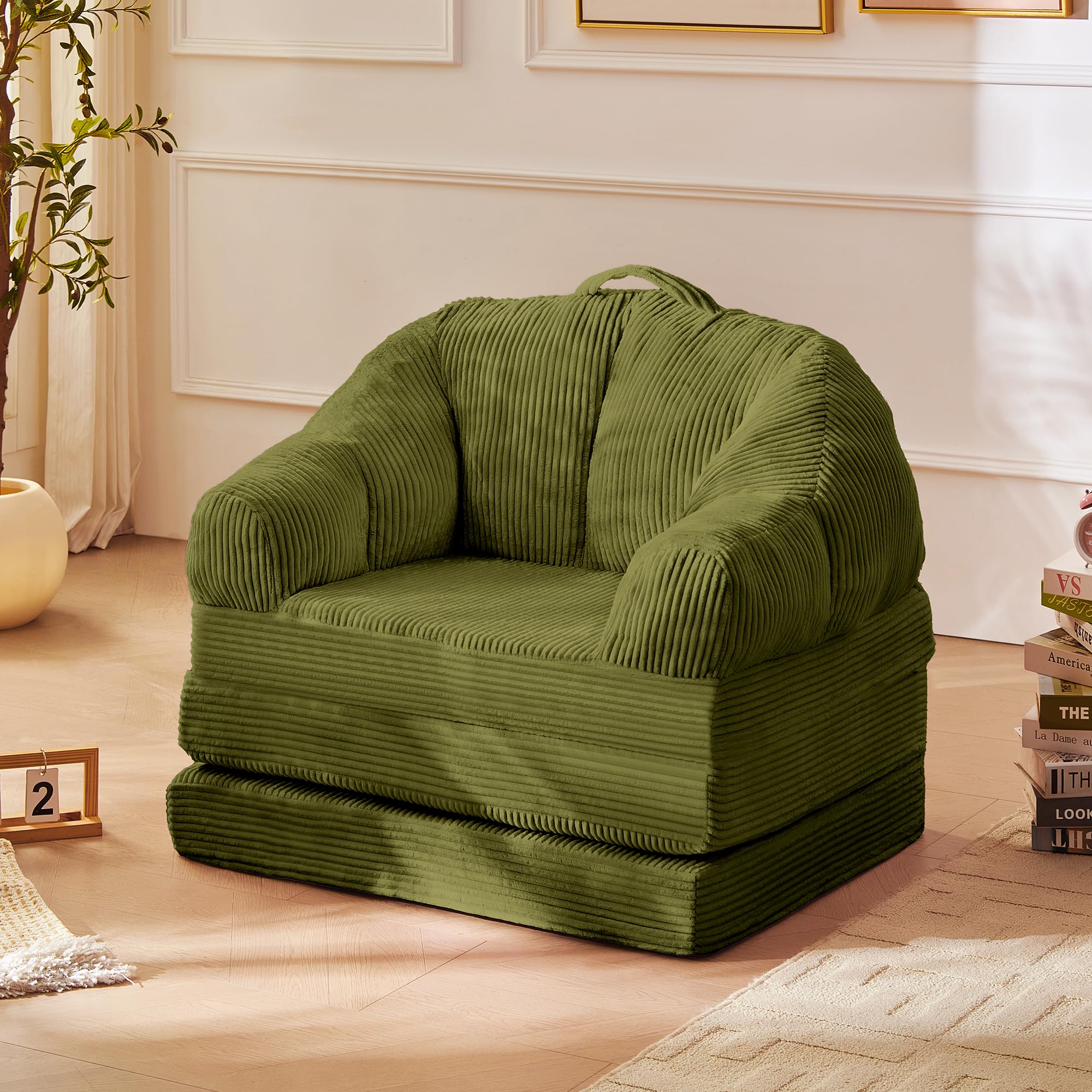 3-in-1 Klappsofa, Schlafsofa aus Cord und Schaumstoff, Schlafsessel mit Bettfunktion, Umwandelbares Bodensofa mit Griff, sitzsack zum Entspannen Schlafen im Schlafzimmer-und Wohnzimmer,Grün