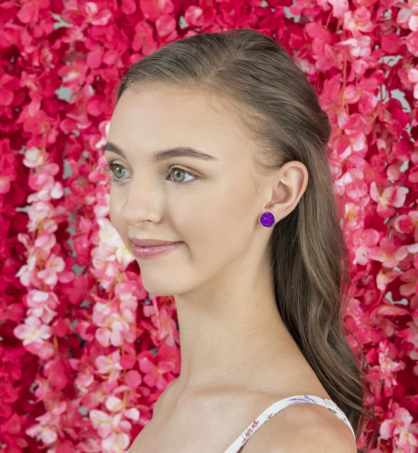 Silver-tone Faux Druzy Stone Stud Earrings 12mm - Image 6