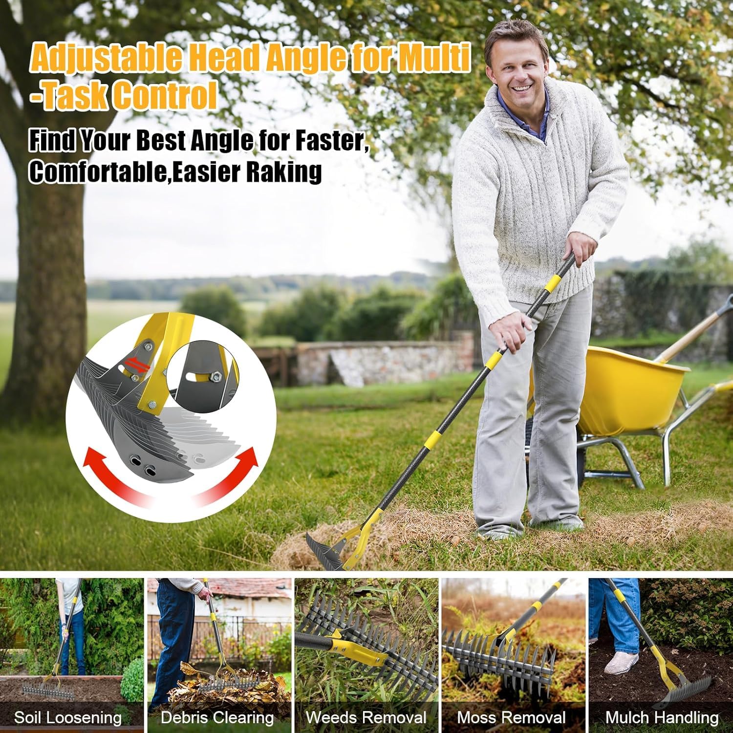 Vertikutierer Rechen mit Stiel,178cm Verstellbarer Handvertikutierer für Rasenpflege, Boden Lockern im Garten und Hof, 38cm breiter Schneidrechen zur Entfernung von Rasenfilz, Moos und Totem Gras
