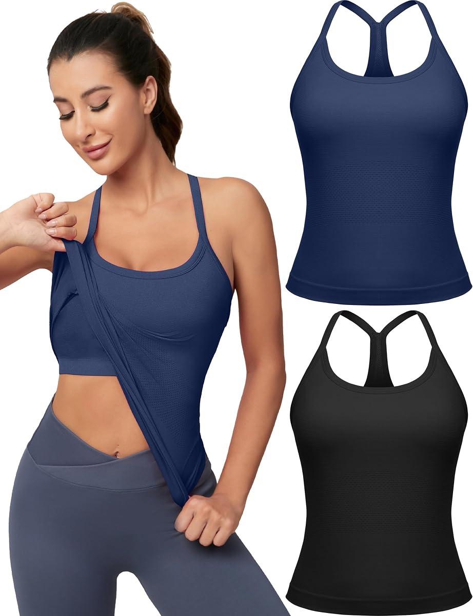 2 Pack Women's Workout Racerback Tank Tops with Built in Bra