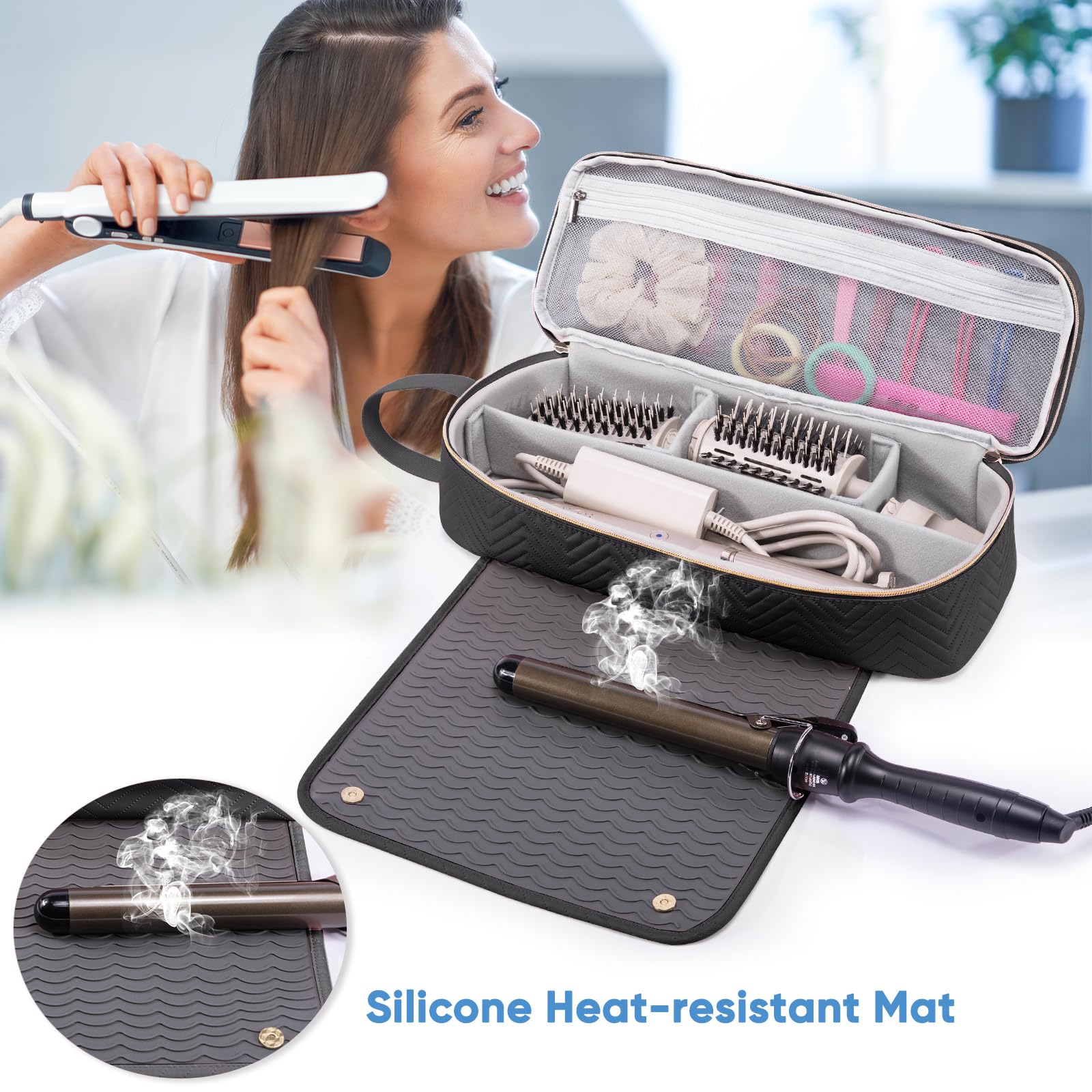 "ELCUPA 2-in-1 Reisetasche für Haarwerkzeuge mit hitzebeständiger Matte für Glätteisen, Glätteisen, Lockenstäbe und Haartrockner-Etui, kompatibel mit AC-Haartrockner