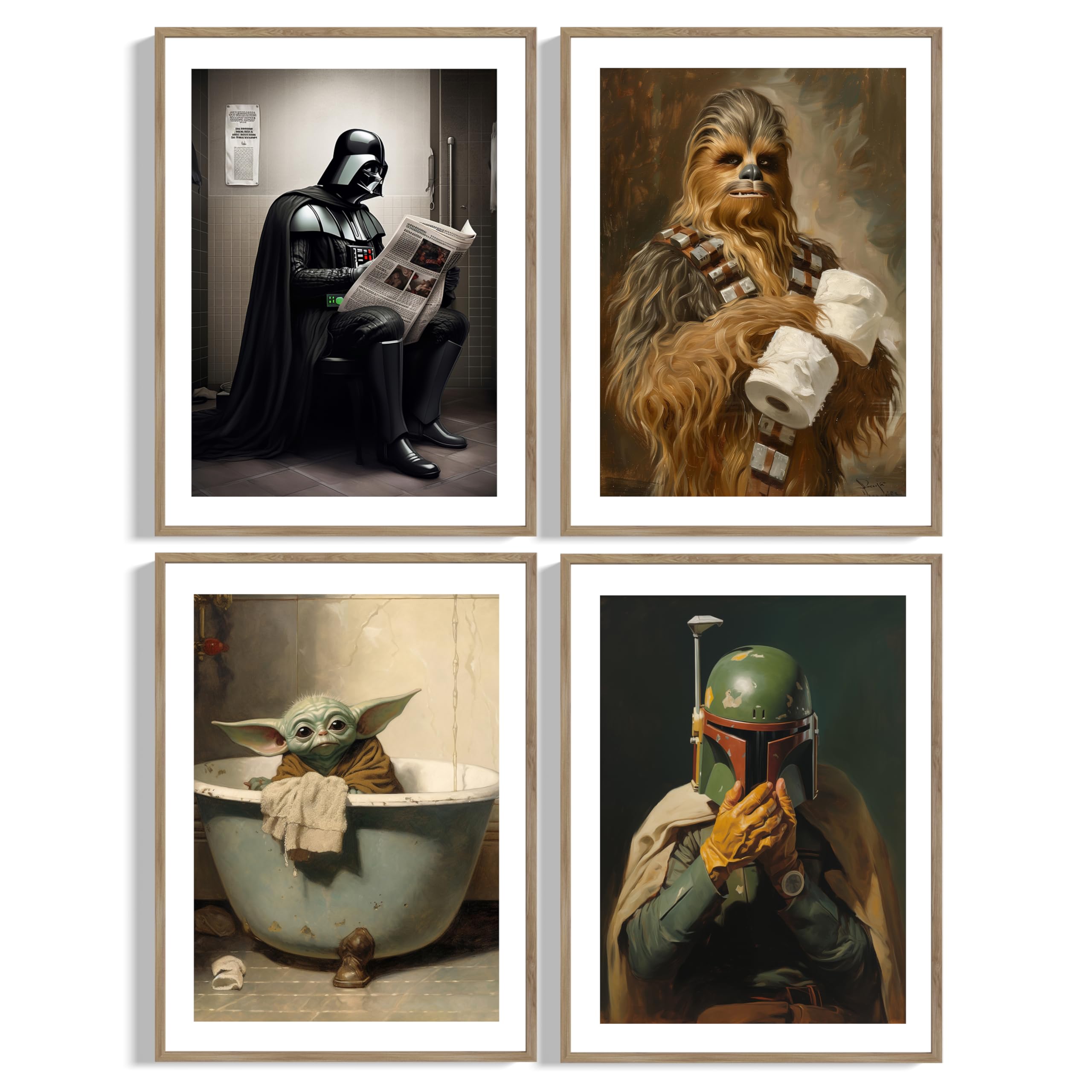 Star Wars Bathroom Décor 4 Piece Set Wall Collage - Premium Giclee Fine Art Print - Star Wars Décor Aesthetic Modern Vintage Painting Style Print