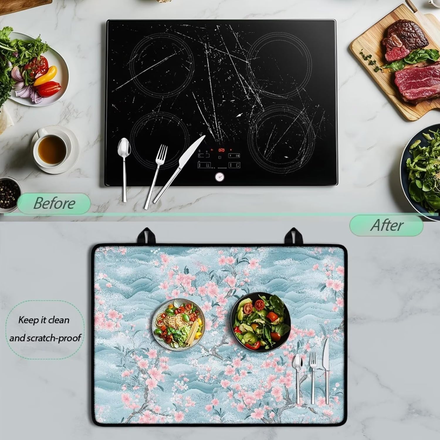Blue Cherry Blossom Print Electric Stove Top Cover Reusable Electric Stove Insulation Pad Stain Resistant Glass Stove Top Protector Soft Cooktop Cover Mat for Prevent Scratches