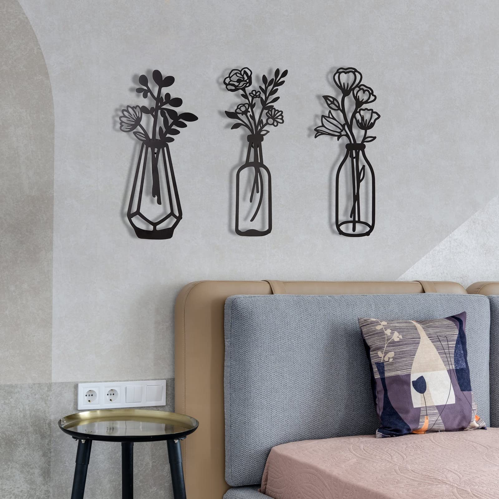 3 stks metalen bloemen wanddecoratie, metalen wandsculptuur voor terras balkon, zwarte metalen wanddecoratie kunst voor woonkamer badkamer slaapkamer eetkamer, zwarte muur kunst voor keuken