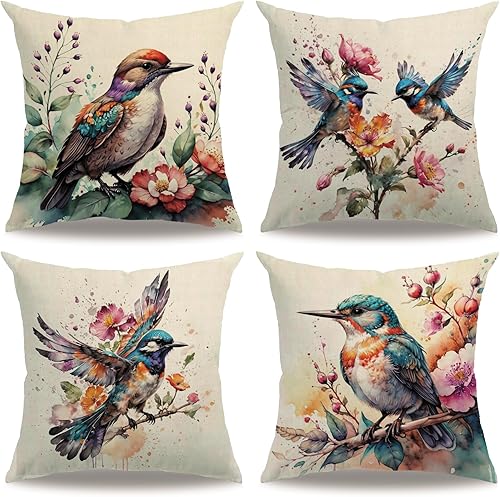 7COLORROOM 4Pack Watercolor Birds Pillow Covers Spring Birds Cushion Cover Farmhouse Summer Tropical Flowers Decorative Pillowcases 18x18 inch for