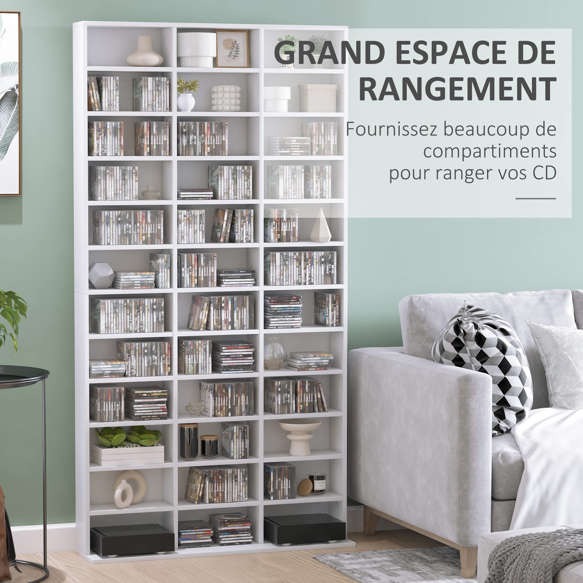 HOMCOM Rangements pour CD et DVD, étagère Rangement, capacité Max. 1116 CD/528 DVD, 36 Compartiments et étagères réglables, pour Bureau, Salon, Chambre, 102 x 23,5 x 195 cm, Blanc
