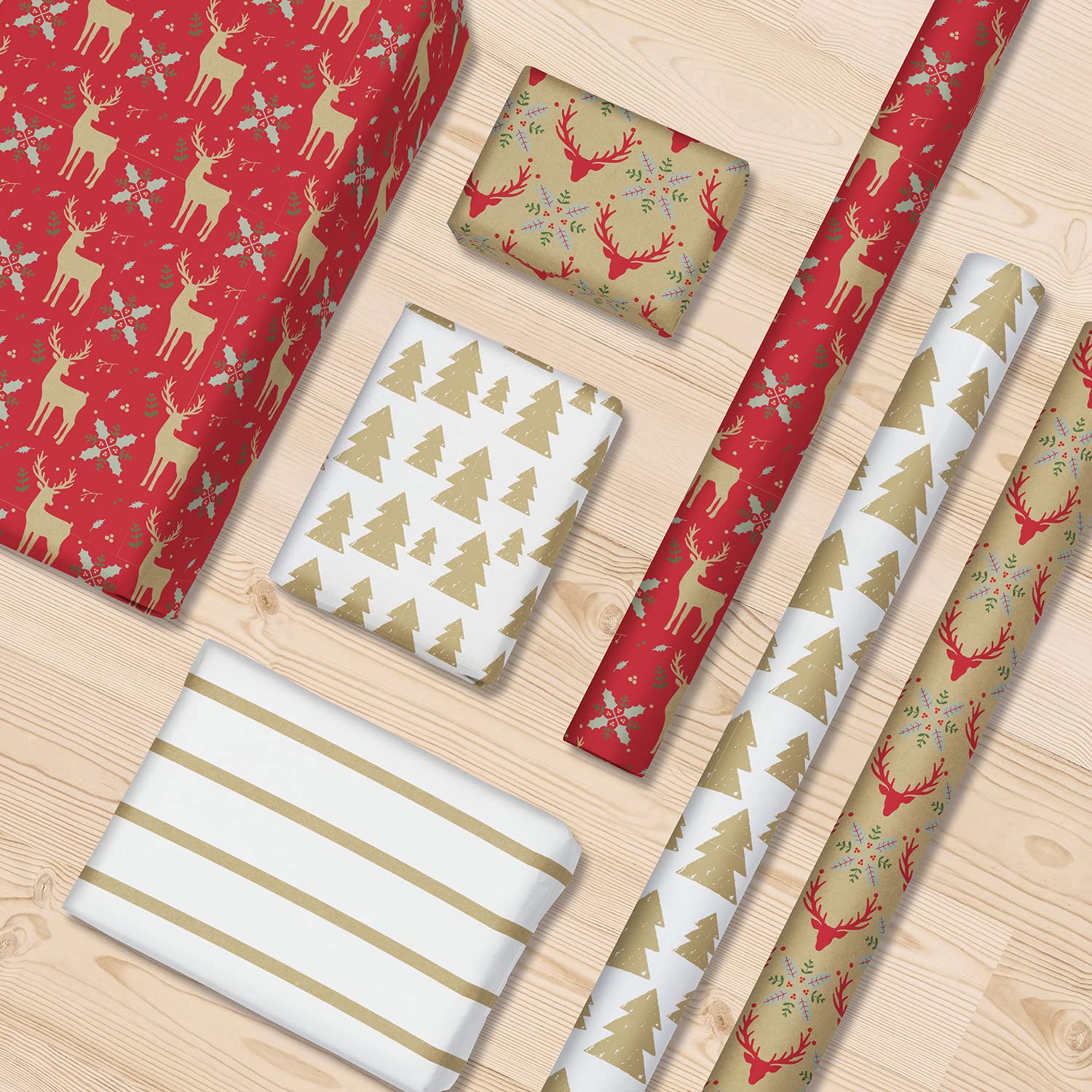 Clairefontaine 223877AMZC- Un Carton De 10 Rouleaux De Papier Cadeau - Papier Kraft 70g - Dimensions : 5x0,70m - Motif : "Lovely Home Red", Fêtes de Noël