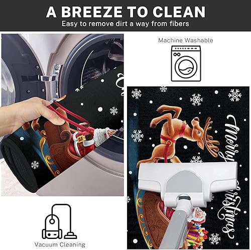 Miniatura 6 de Juego de 2 alfombras y tapetes de cocina de Navidad, antideslizantes, lavables, copos de nieve, renos de Papá Noel, tapete de cocina negro de