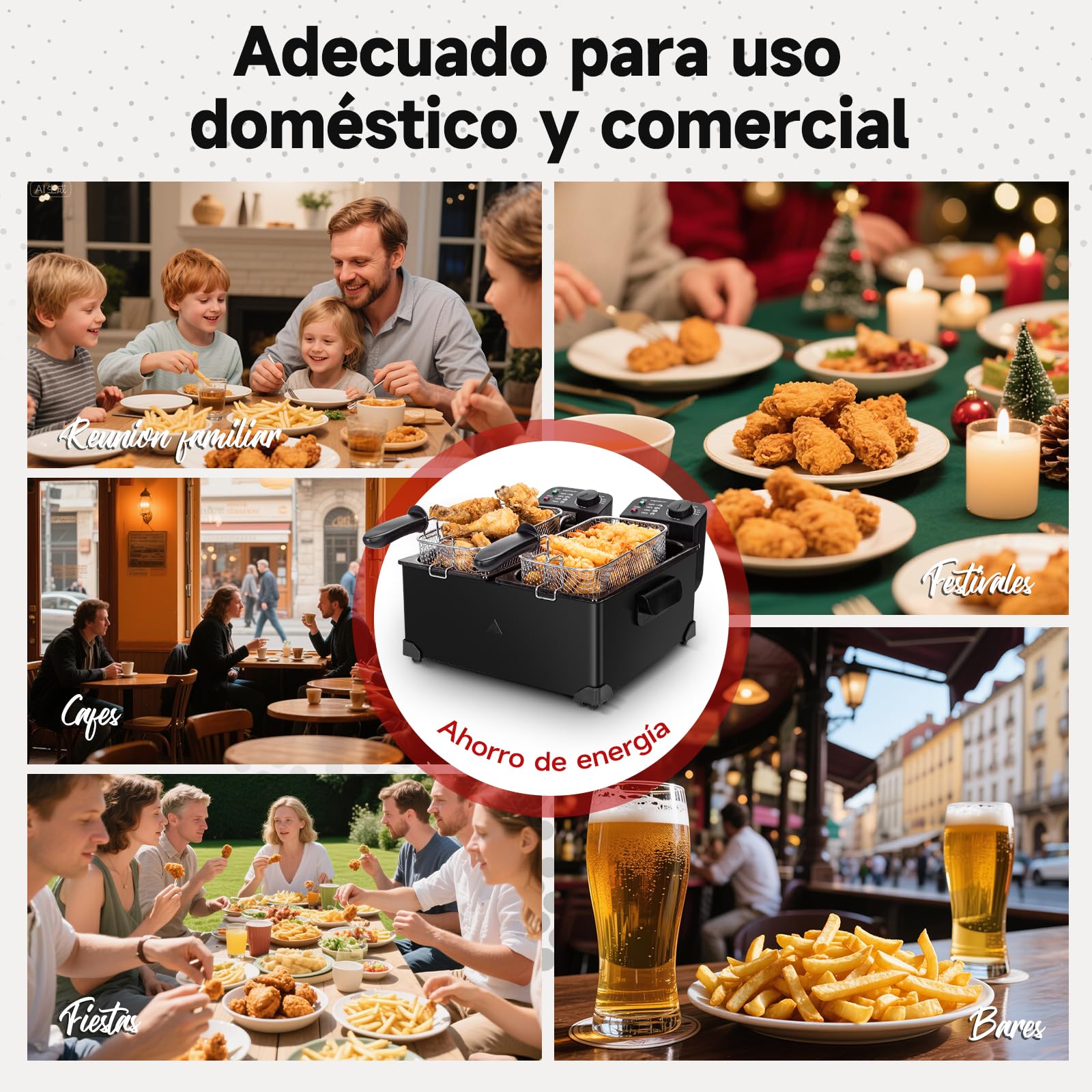 Aigostar Feast - Freidora 6L (2x3L) Acero Inoxidable, 3600W, Termostato Ajustable (90-190°C), Tapas con Ventana, Filtro de Humo, Asas Desmontables, Automático, Esmaltado, Libre de BPA