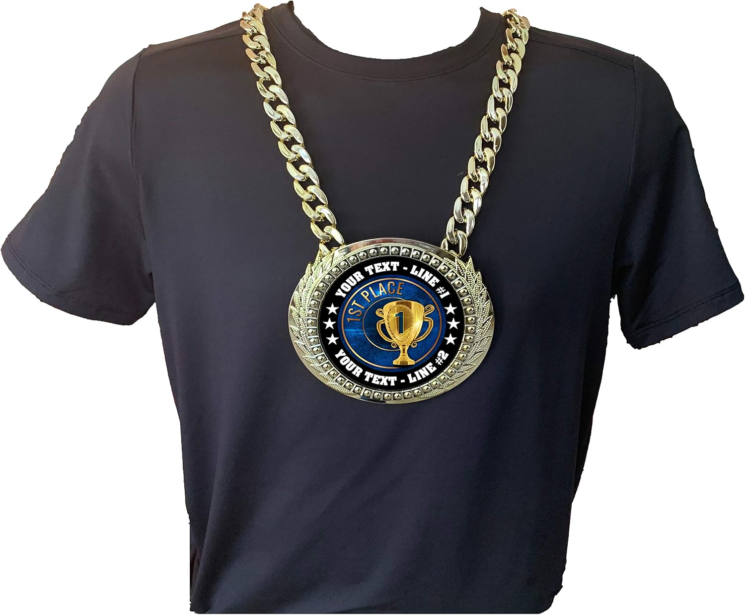 Express Medals Custom 1st Place Champ Chain Trophy with 2 Lines of Personalized Text on a Large Rigid Plastic Award Medal and 34 Inch Long Gold Color Neck Chain. EG1