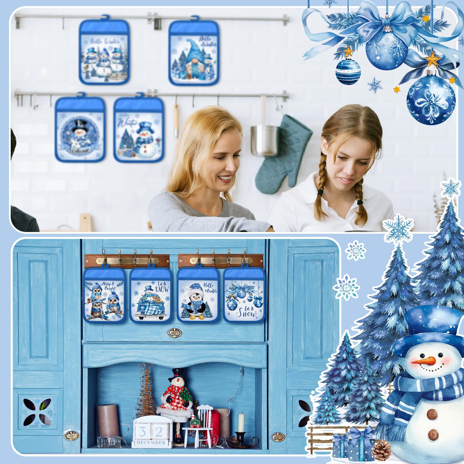 12 soportes azules para ollas de Navidad con bolsillo, Hello Winter, regalo a granel, gnomo de muñeco de nieve, resistentes al calor, guantes de horno, lindos guantes de horno de copo de 6