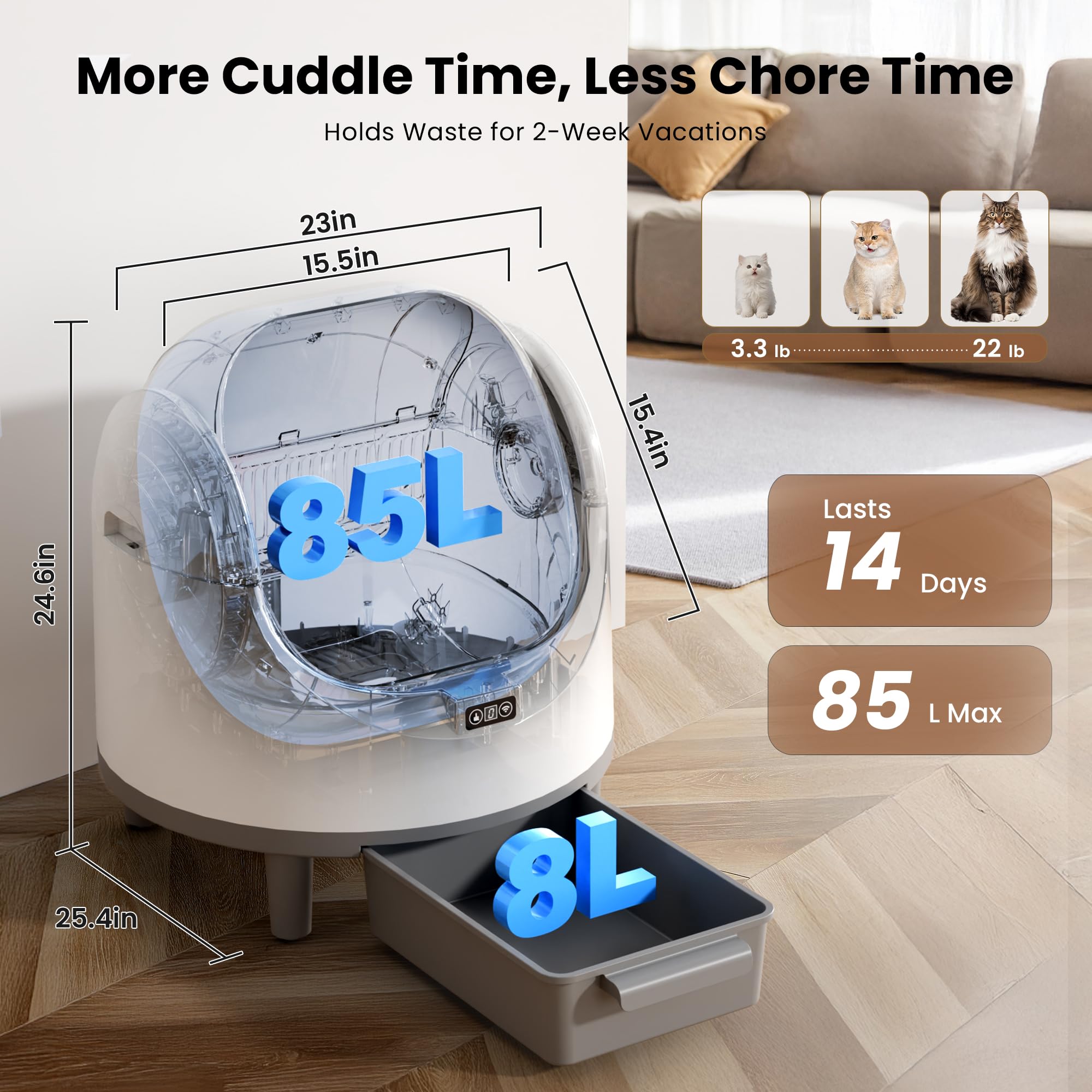 Bashaw Self Cleaning Litter Box, Large Capacity Automatic Litter Box for Multiple Cats, App Control, Safety Sensors, 2 Rolls of Garbage Bags (White) - image 7