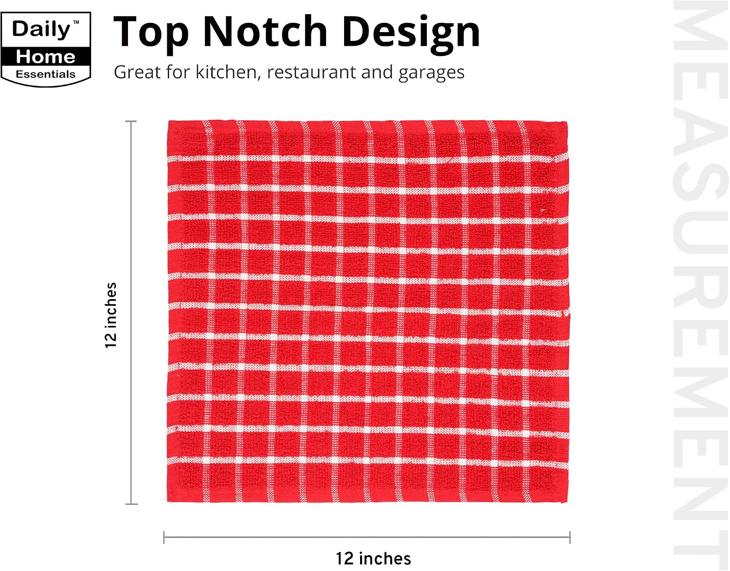 DAILY HOME ESSENTIALS - 8 Pack Cotton Terry Dish Cloth Set (12 x 12 inch - Red, Checked Design) | Quick Dry Kitchen Rag | Absorbent Cafe, Bar & Restaurant Cleaning WashCloth.