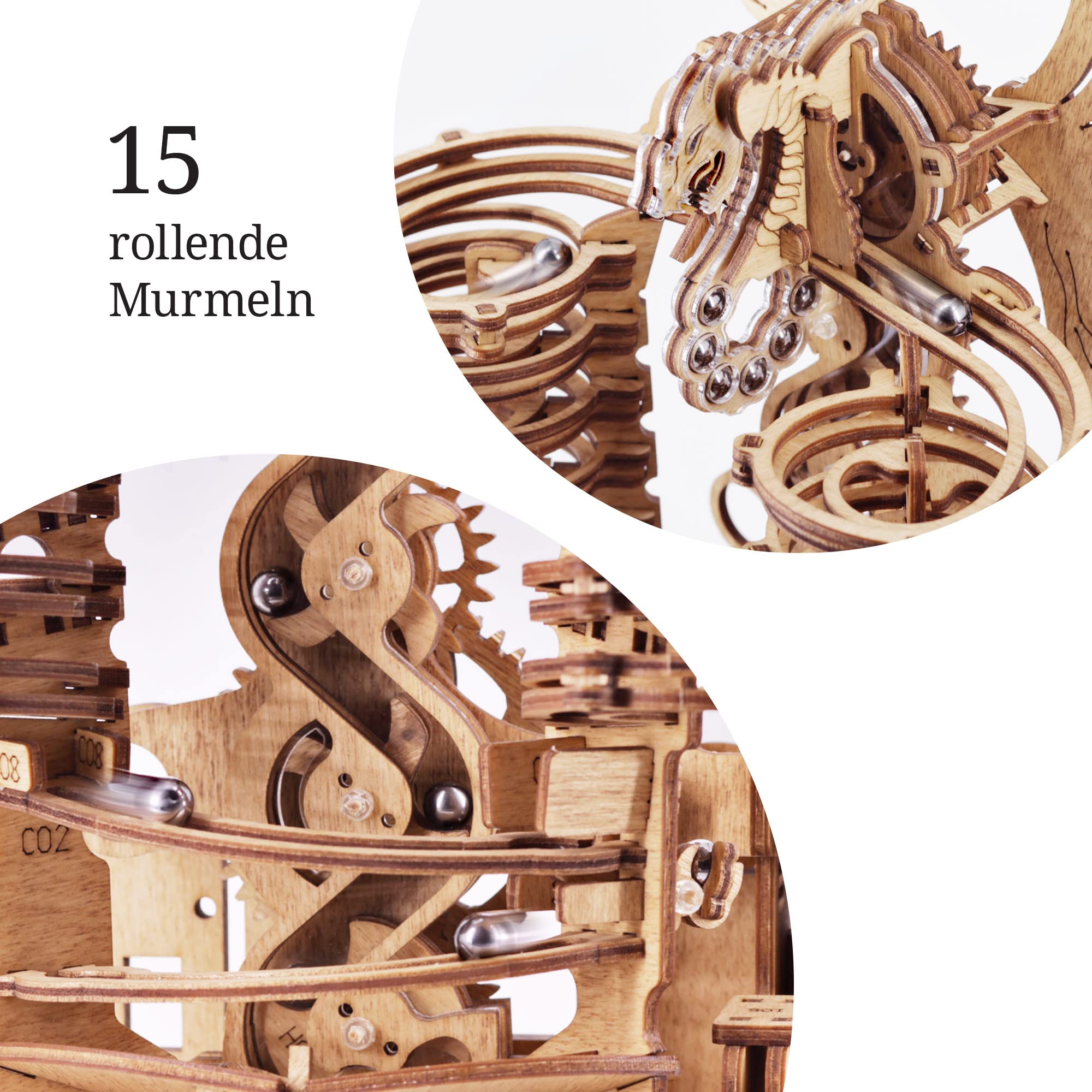 iDventure Dragon Murmelbahn, 3D Holzpuzzle Bausatz für Erwachsene | Mechanische Kugelbahn, DIY Modellbausatz, 260 Bauteile, 15 Murmeln, Marble Run 3D Holzpuzzle, Modellbau Holzbausatz