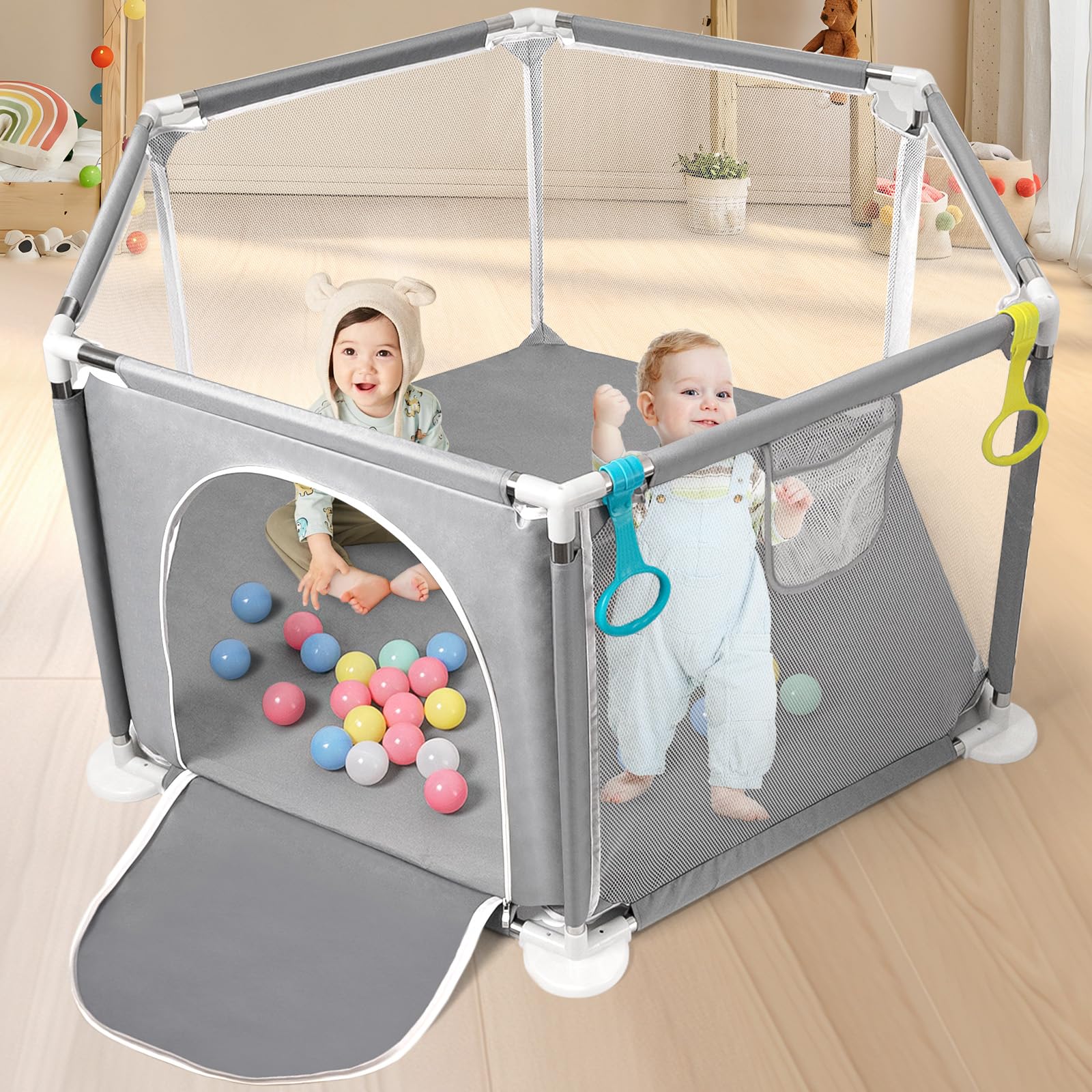 CHOLY Parc pour bébé et tout-petits, parc hexagonal stable avec filet respirant, clôture d'activités pour enfants pour l'intérieur et l'extérieur avec sac de voyage (gris clair)