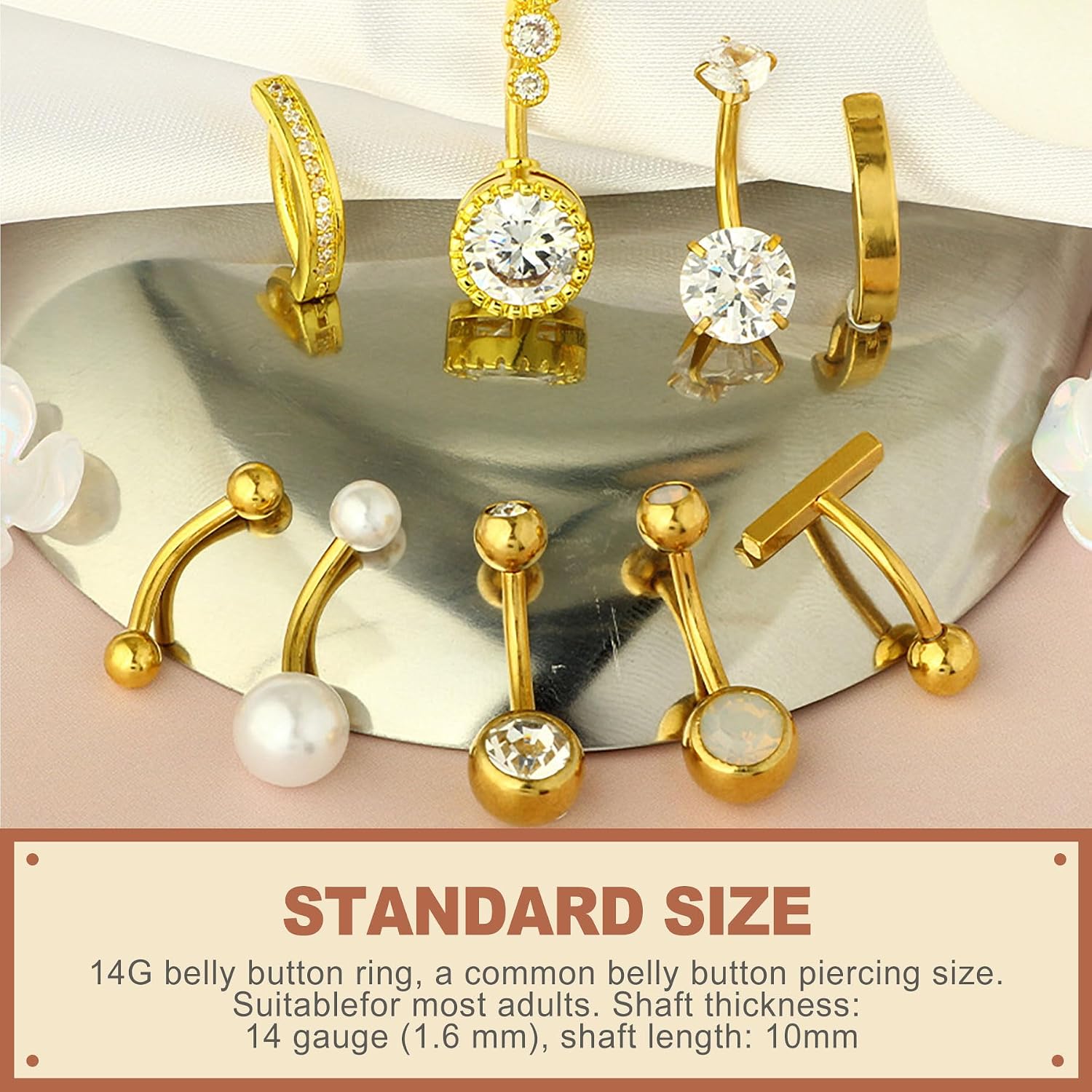 9 Pcs Belly Button Rings 14G Stainless Steel Navel Piercing Body Accessories for Women Gold CZ Opal Pearl Clicker Ring Set Fashion Body Decor Gifts for Summer Beach