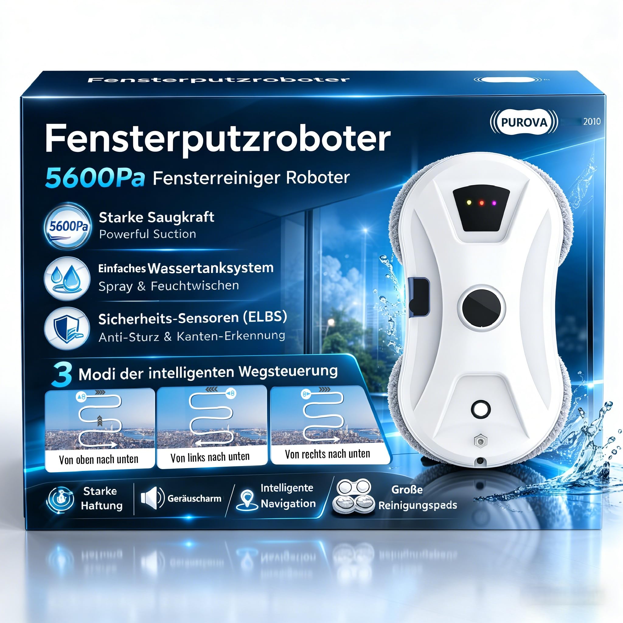 Fensterputzroboter mit Sprühfunktion, 5600 Pa Fensterroboter mit Intelligenter Navigation, 3 Reinigungsmodi, Sicherheitsseil und UPS, für Fenster, Glas, Spiegel und Fliesen