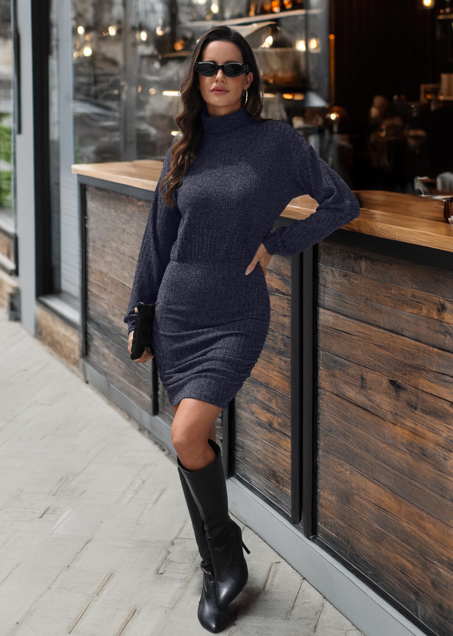 GRECERELLE Robe pull d'hiver sexy à manches longues et col roulé avec taille élastique, côtés froncés