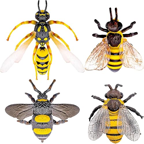 4 figuras realistas de abejas – varios modelos de abejas, figuras de animales de abejas falsas, juguete de insectos para proyecto de ciencia,