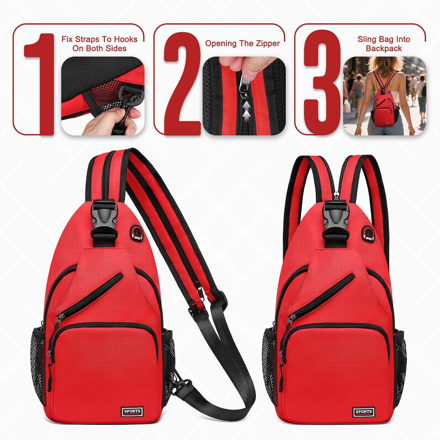 Convertible Sling Bag with Coin Pocket, 11" Tablet Crossbody Mini Backpack with Headphone Jack Casual Pack for Women Men Travel, Red - Image 5