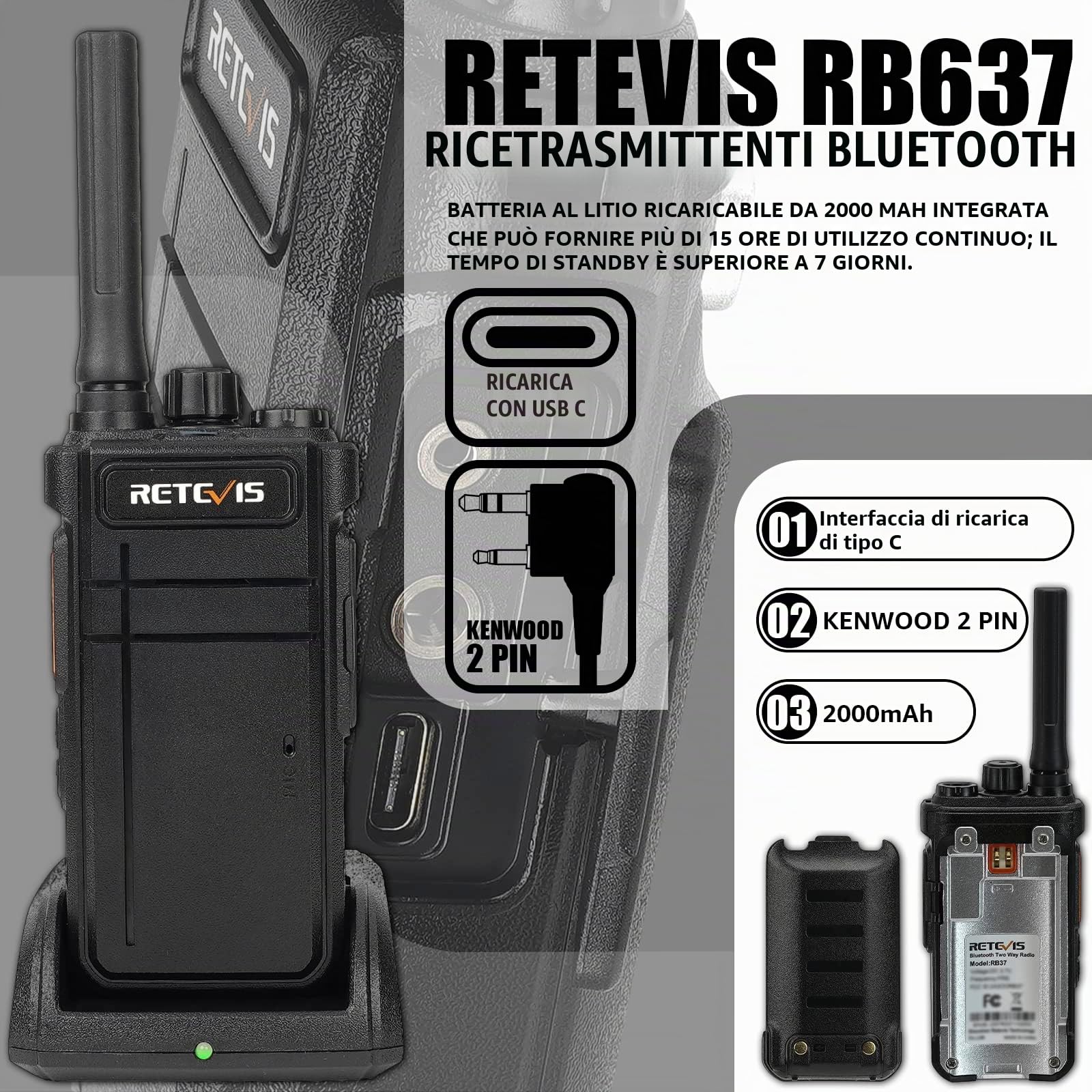 Retevis RB637 Bluetooth Radio Bidirezionale, Walkie Talkie con Auricolare Bluetooth, 2000mAh USB Ricaricabile, Torcia, PMR446 Walkie Talkie a Mani Libere con Wireless Copy Per i Ristoranti (nero, 1Pz)