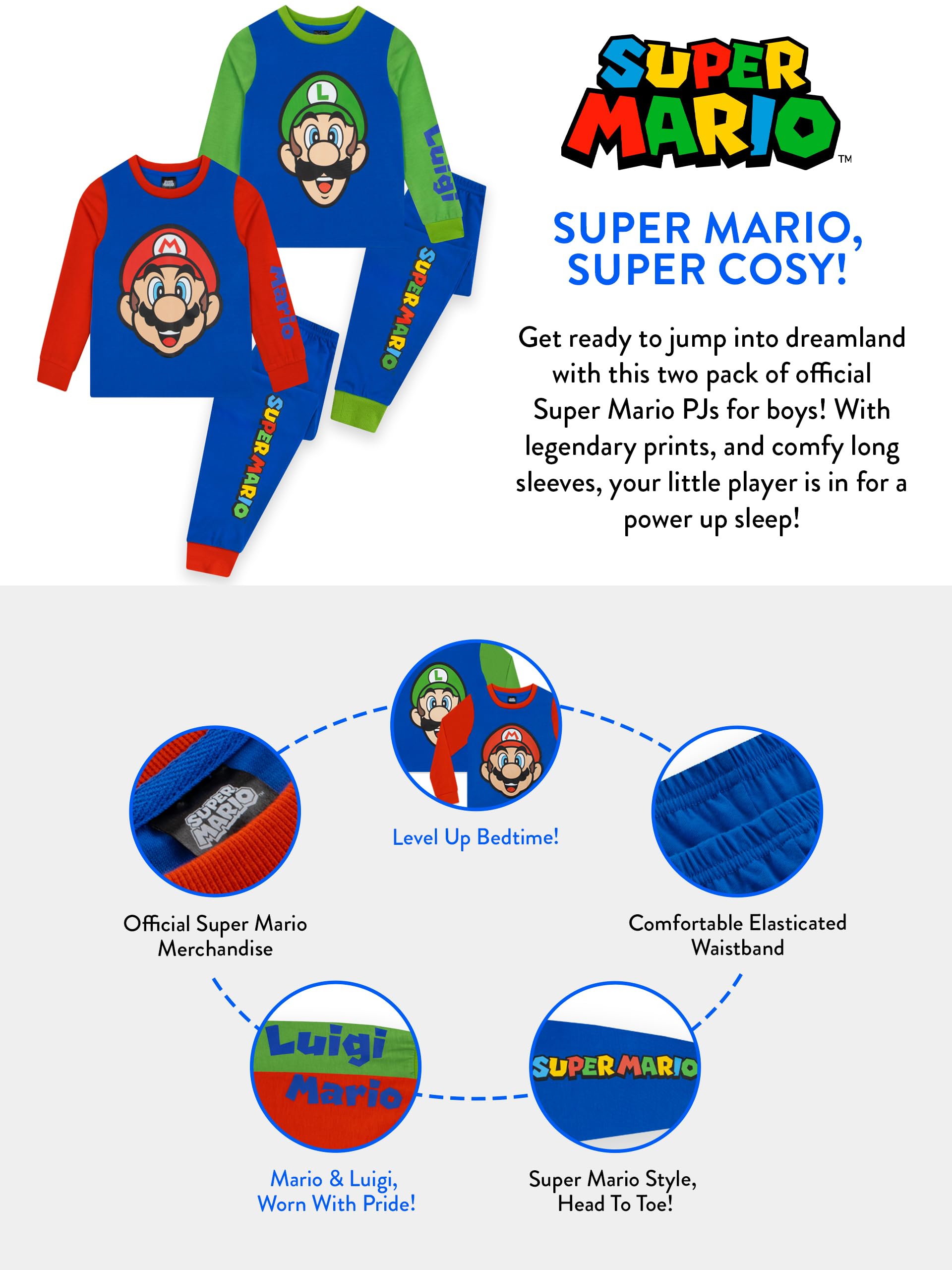 Super Mario Pijamas para Niño, Pack De 2, Pijamas Infantiles Gamers, Conjuntos Pijama De Mario para Niños