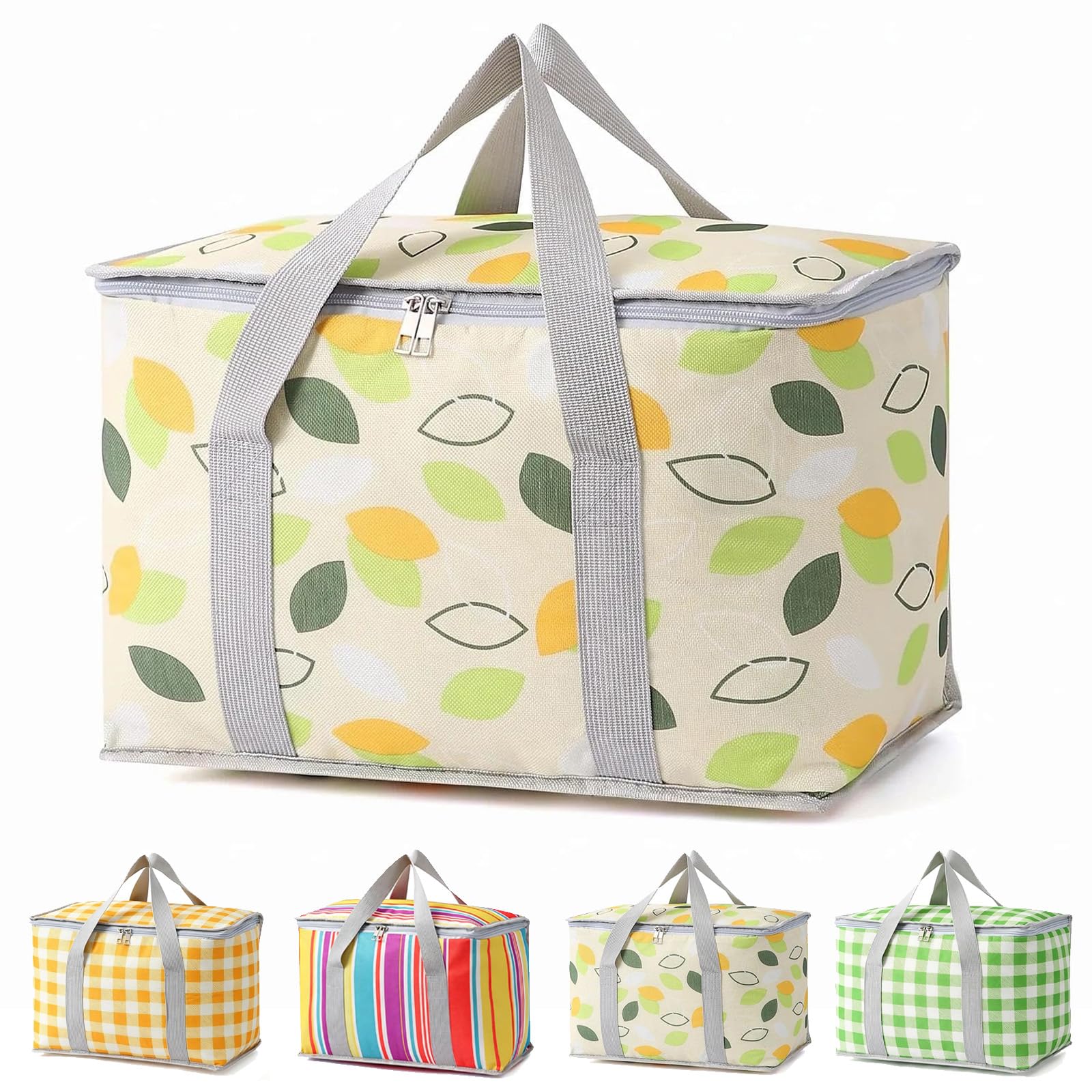 NIFTYY Insulated Picnic Basket, 35 x 20 x 20 cm Cooler Bag Hot or Cold Food, Portable Waterproof Beach Bag with Handle, Foldable Yellow Lunch Tote for Campi (green leaves)