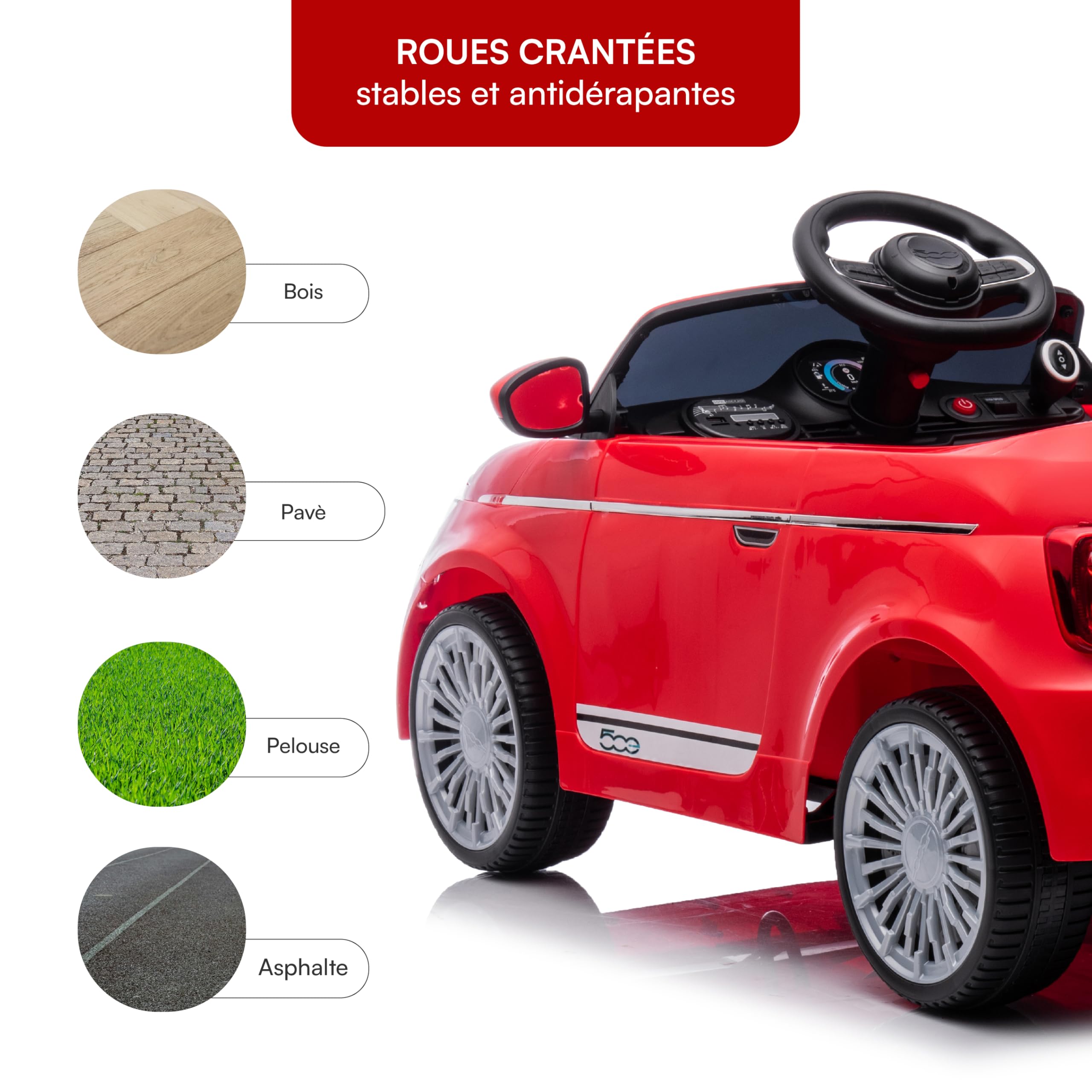 Baroni Toys Fiat 500 Voiture Électrique Enfant 12V avec Télécommande Parentale, Lumières, Sons, Marche Arrière, Ceinture de Sécurité – Véhicule pour Enfants 1-4 Ans, 100x60x50 cm (Rossa)