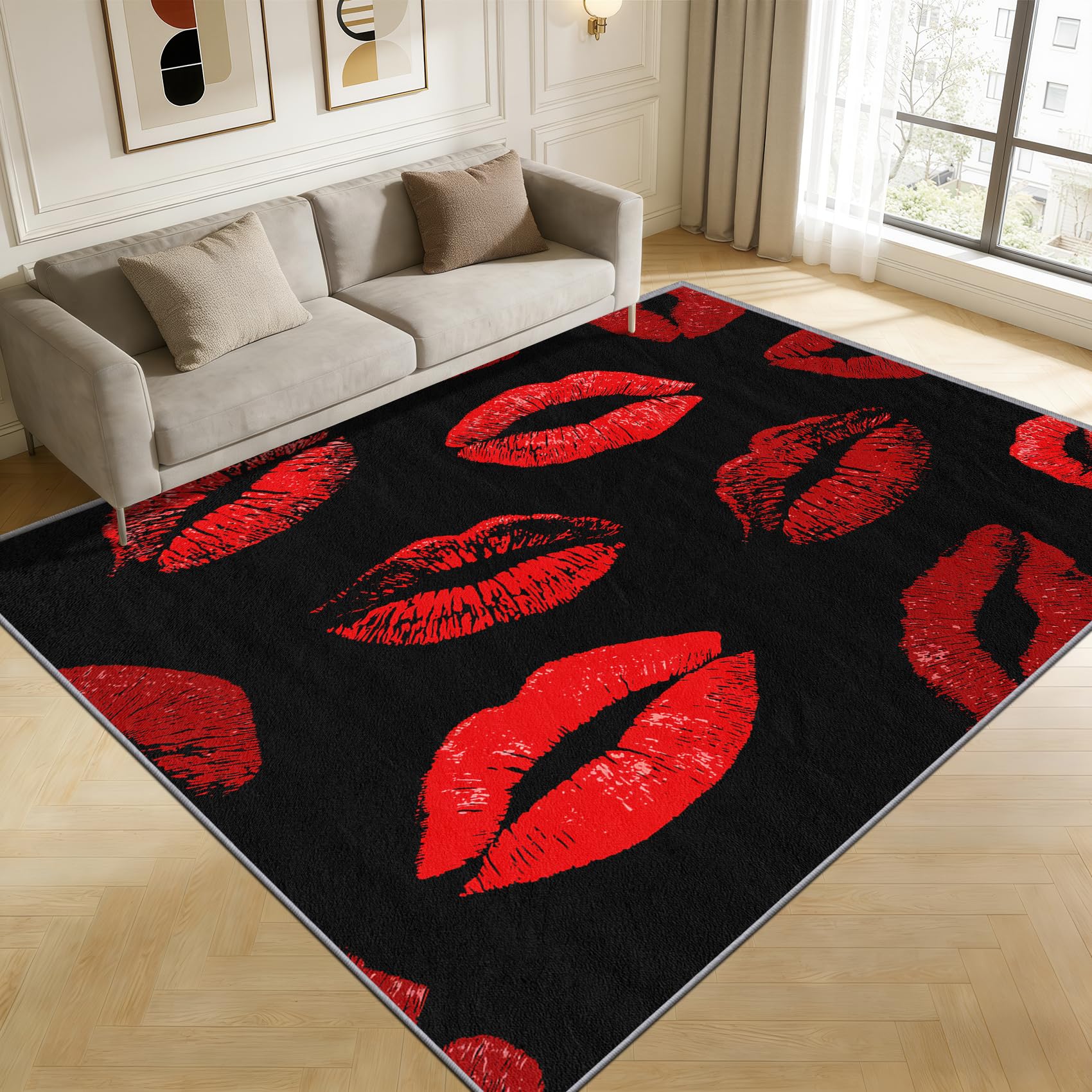 Lippen Teppich Waschbar, Sexy Rote Lippen Teppich 80x150 cm, Valentinstag Kuss Lippenstift rutschfest Waschbar Pflegeleicht Teppiche Für Schlafzimmer Küche, Schwarz Rot