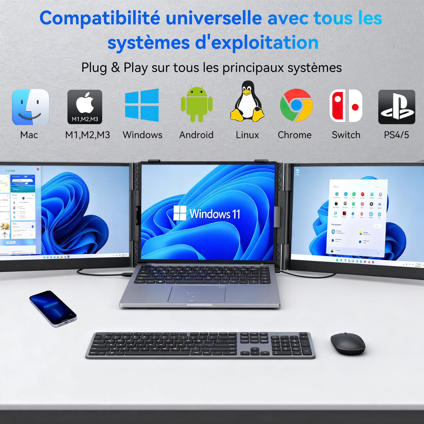 Blackview DCM6 Triple Ecran Pc Portable Ultra-Fin,14 "FHD 1080P IPS Moniteur pour Ordinateur Portable Certifié TÜV- Plug & Play sans Pilote,13"-17.3" Compatible avec Mac, Windows,Chrome, Switch,PS45