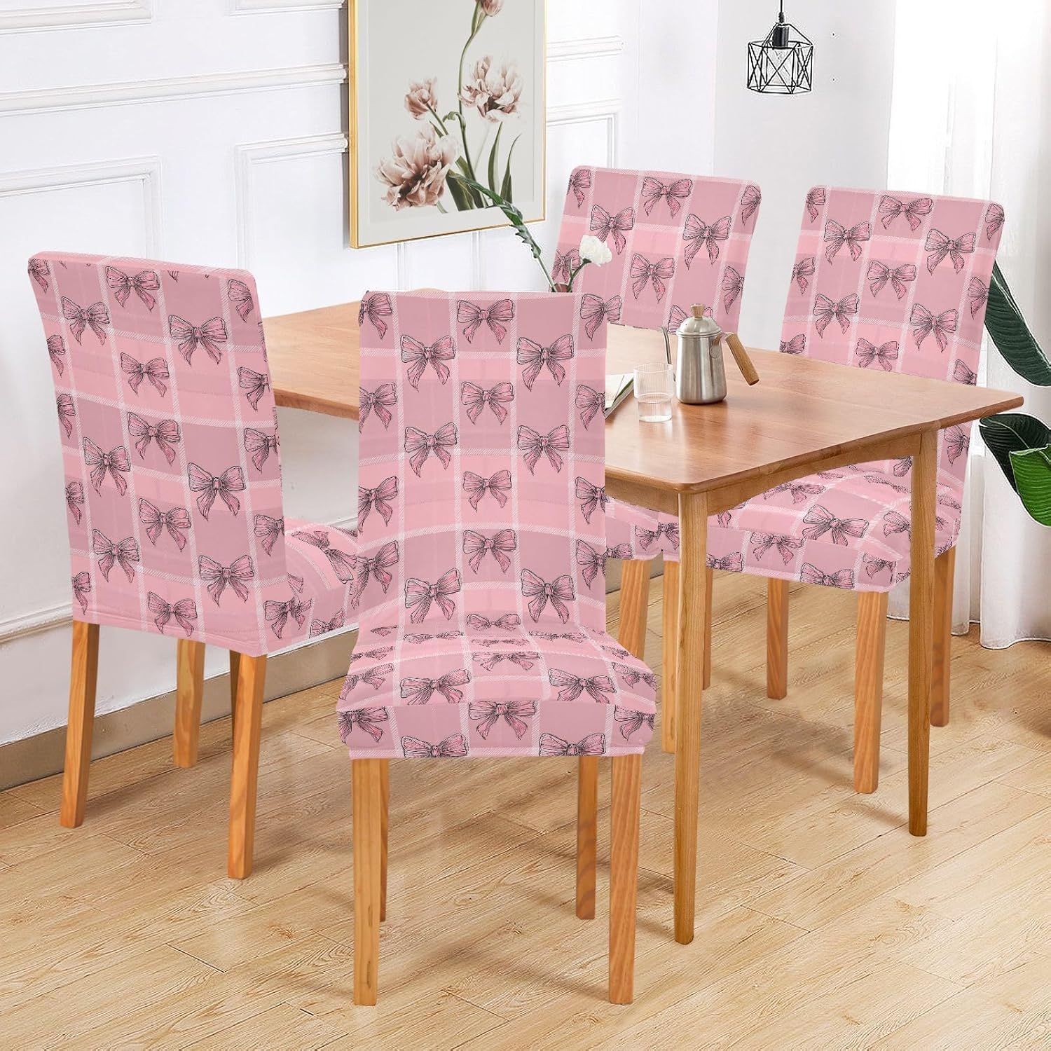 ALAZA Chair Covers for Dining Room, Pink Bow on Plaid Stretch Chair Cover Sets Chair Protector Removable Washable for Ktichen Restaurant Hotel
