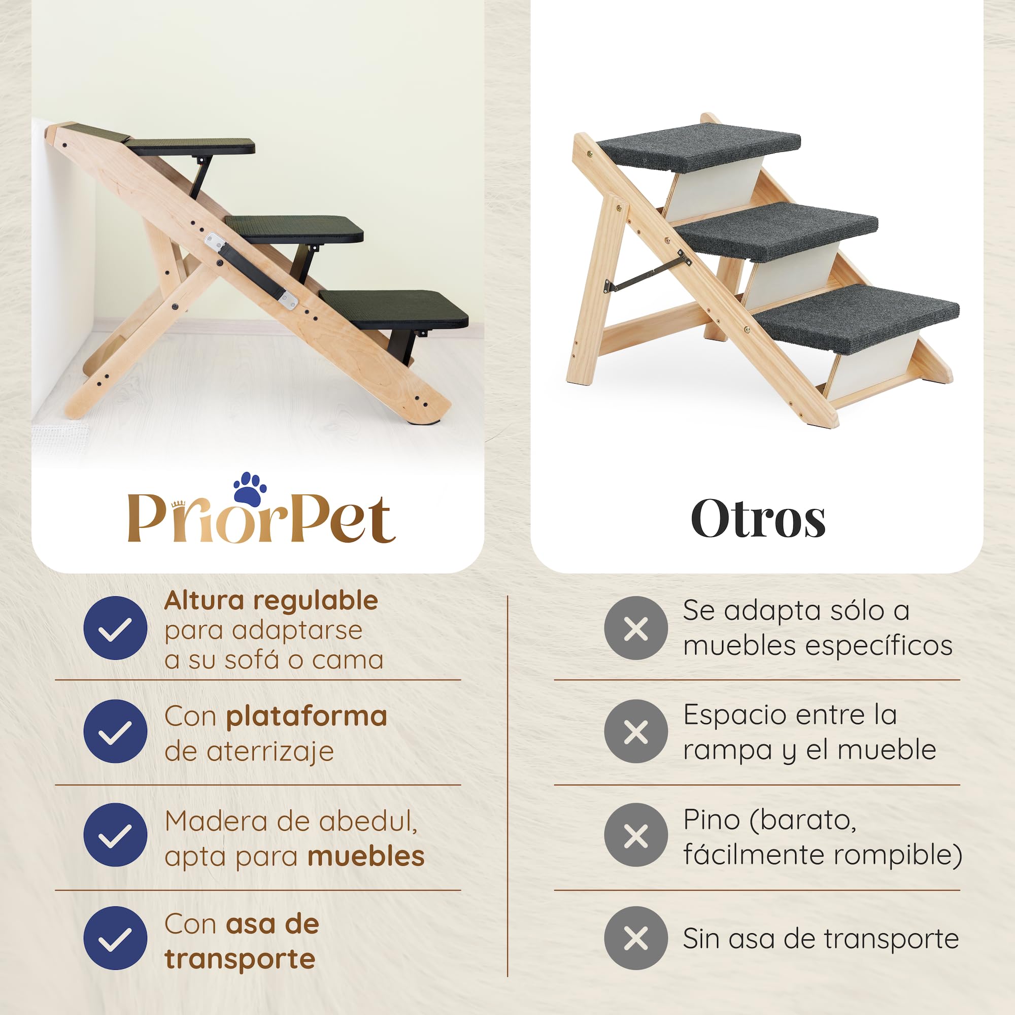 Escalones y Rampa para Perros 2-en-1 - Escalera/Rampa Ajustable en Altura para Sofá 18-50 cm - Escalones para Mascotas, Escalones para Perros Pequeños - con Plataforma de Aterrizaje, Natural