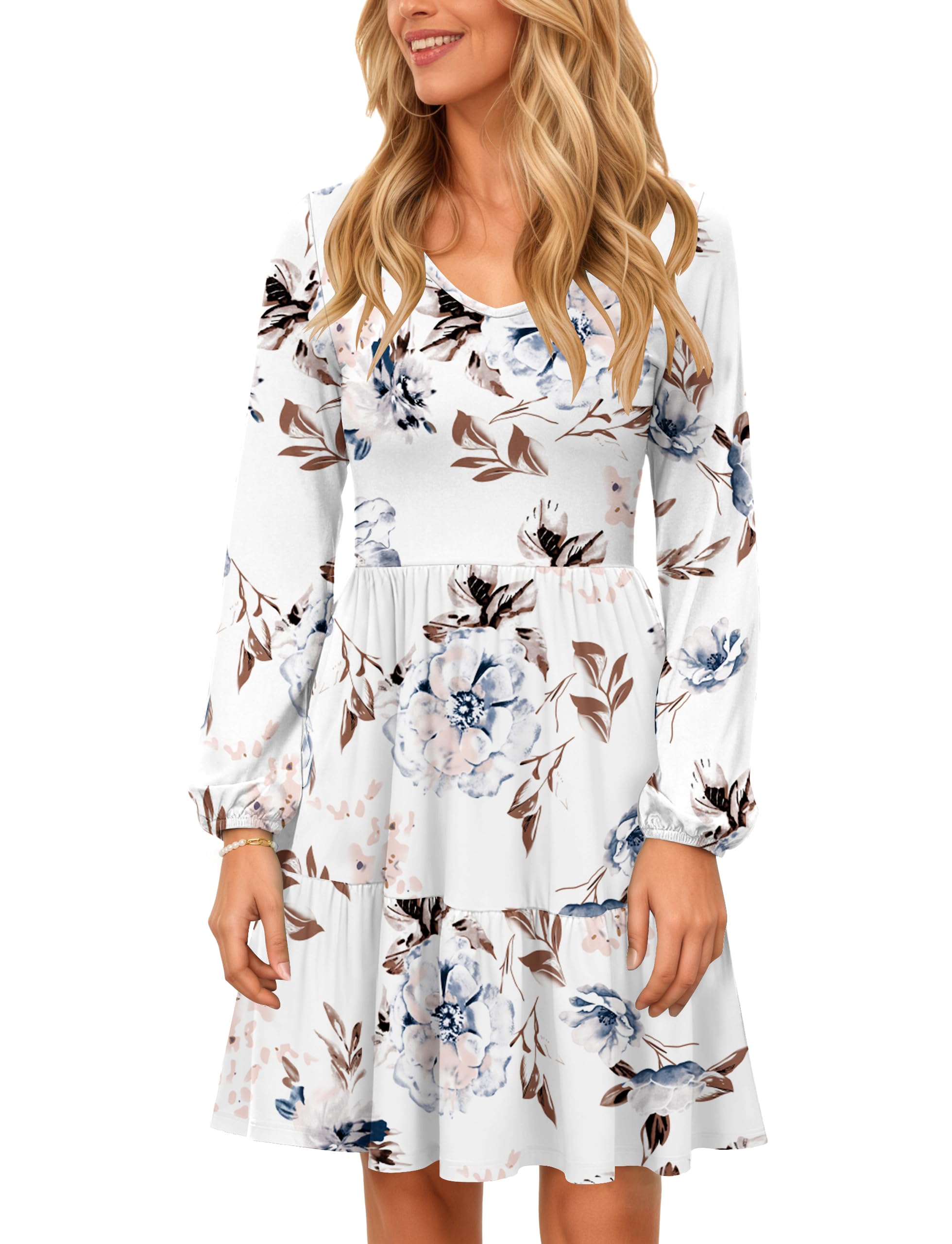 AUSELILY Damen Kleid Langarm V-Ausschnitt Tasche Midi Leicht Herbst Winter | A Linie Tohe Taille Dünn Freizeitkleid Elegante Abendkleider Minikleid Cocktail Party Hochzeitsgäste Urlaubskleid Knie Länge